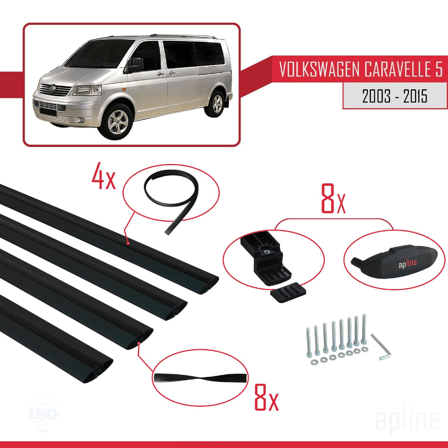Compatible avec Volkswagen T5 Caravelle 2003-2015 BASIC Model Barres de Toit Railing Porte-Bagages de Voiture Noir Aluminium 4 Barres