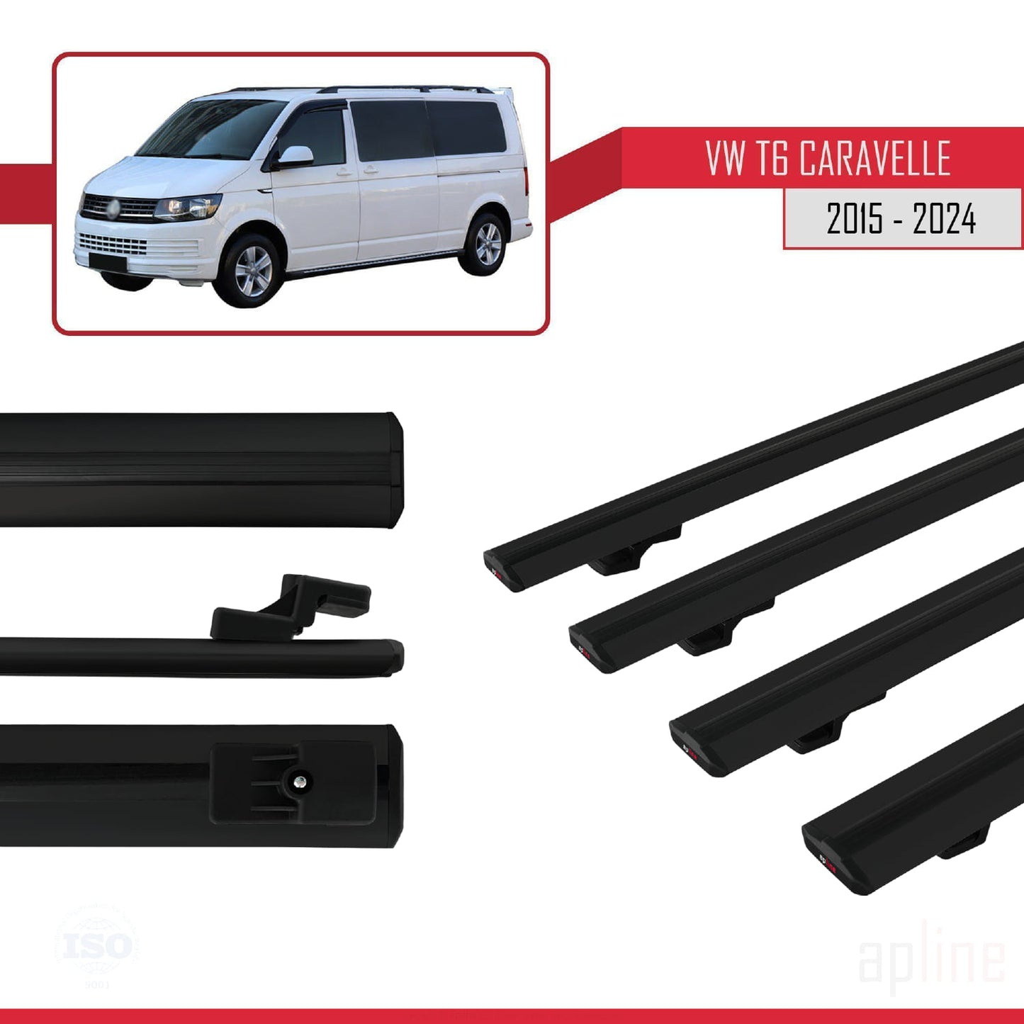 Compatible avec Volkswagen T6 Caravelle 2015-2024 BASIC Model Barres de Toit Railing Porte-Bagages de Voiture Noir Aluminium 4 Barres