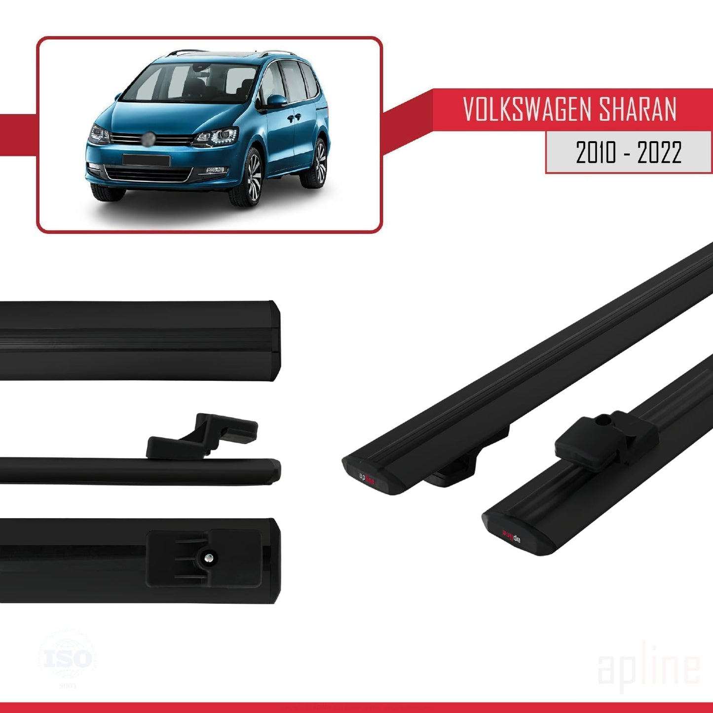 Compatible avec Volkswagen Sharan 2 (7N) 2010-2022 BASIC Model Barres de Toit Railing Porte-Bagages de Voiture Noir Aluminium 2 Barres
