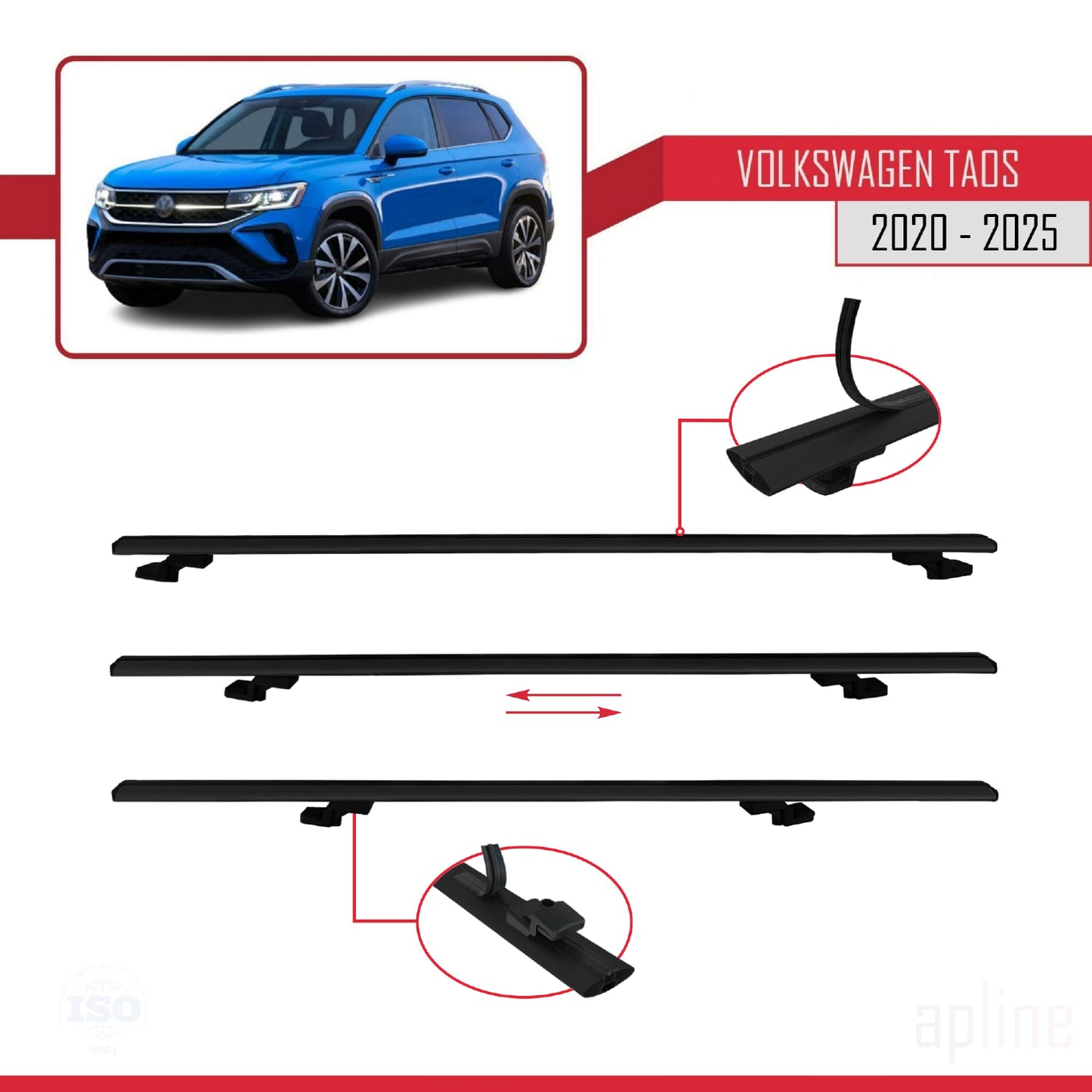 Compatible avec Volkswagen Taos 2021-2025 BASIC Model Barres de Toit Railing Porte-Bagages de Voiture Noir Aluminium 2 Barres
