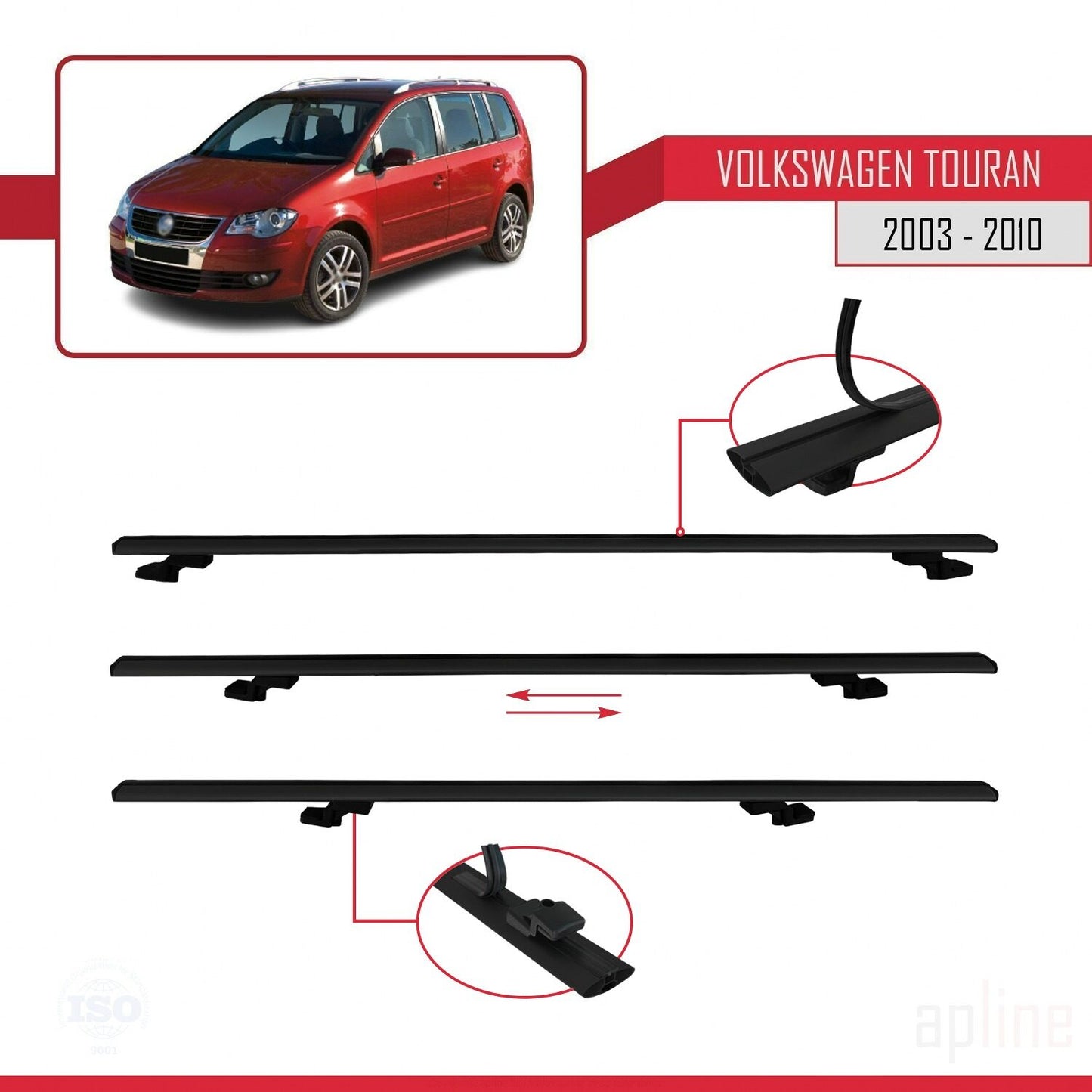 Compatible avec Volkswagen Touran (1T) Pre-Facelift 2003-2010 BASIC Model Barres de Toit Railing Porte-Bagages de Voiture Noir Aluminium 2 Barres