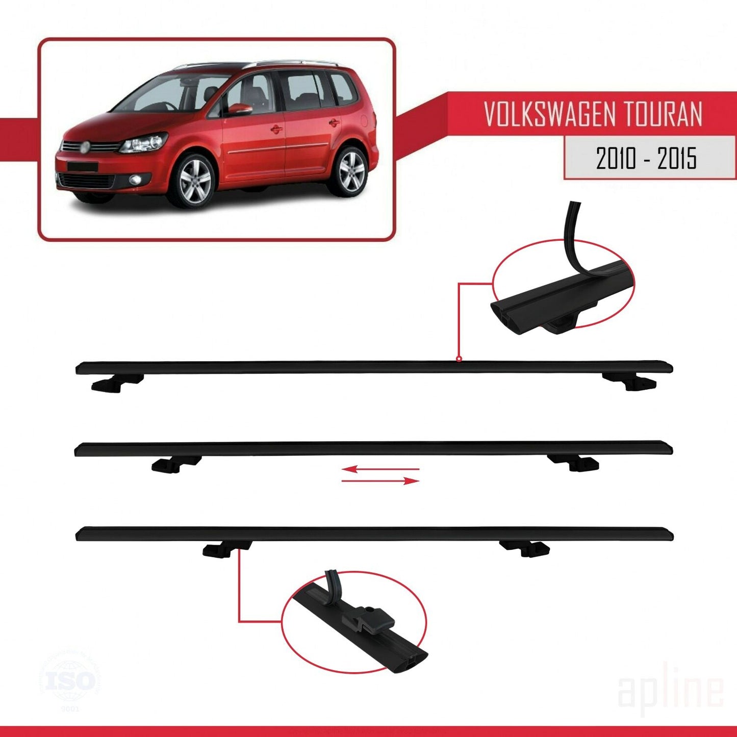 Compatible avec Volkswagen Touran (1T) Post-Facelift 2010-2015 BASIC Model Barres de Toit Railing Porte-Bagages de Voiture Noir Aluminium 3 Barres