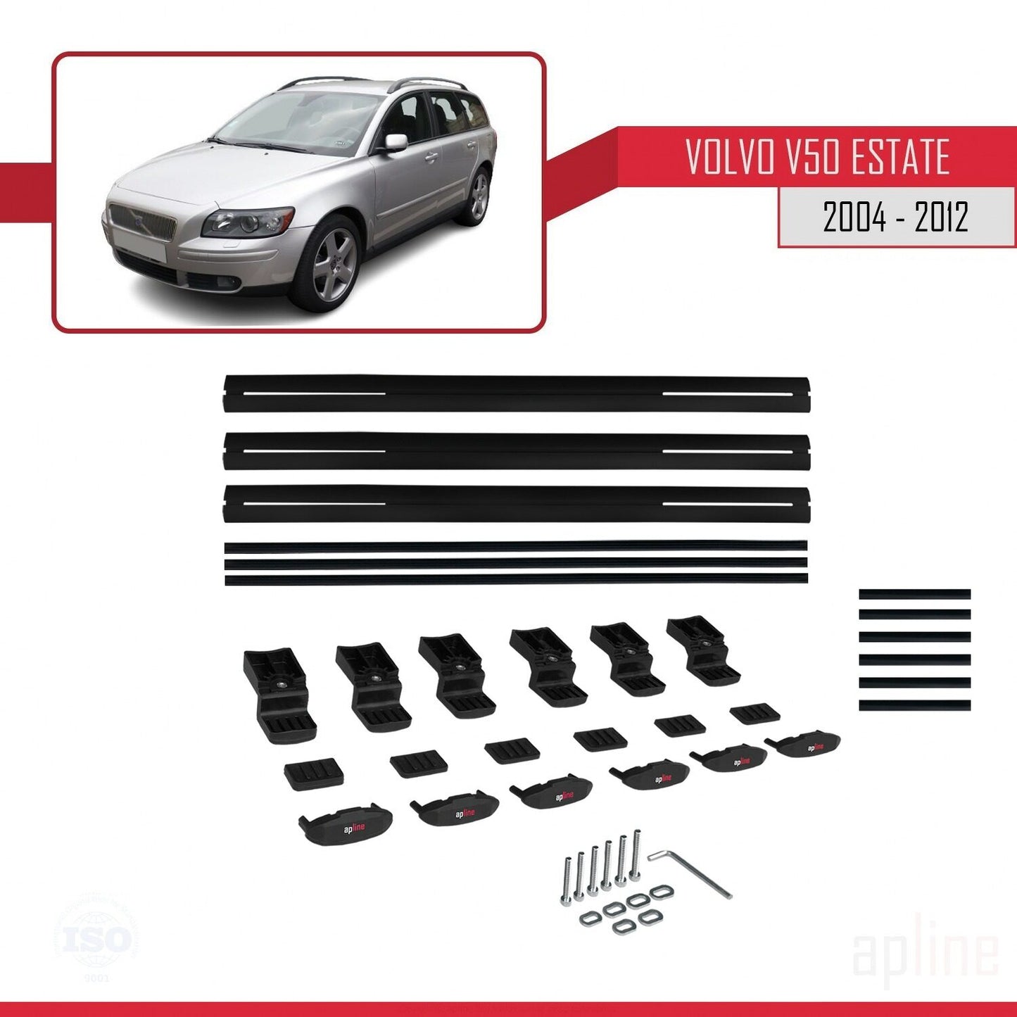 Compatible avec Volvo V50 2004-2012 BASIC Model Barres de Toit Railing Porte-Bagages de Voiture Noir Aluminium 3 Barres