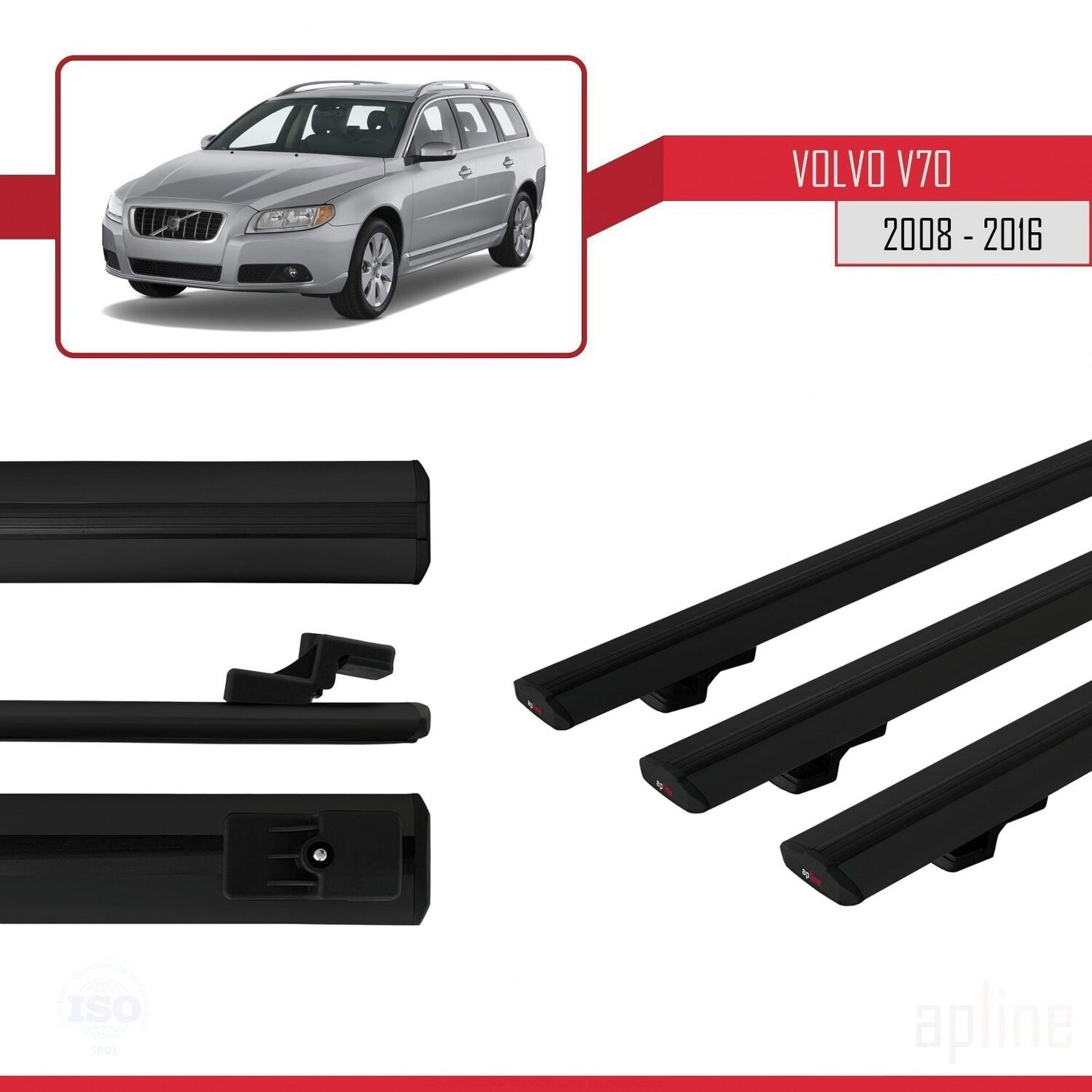 Compatible with Volvo V70 III 2008-2016 BASIC Model Car Roof Rack Cross Bar Black Aluminium 3 Bars