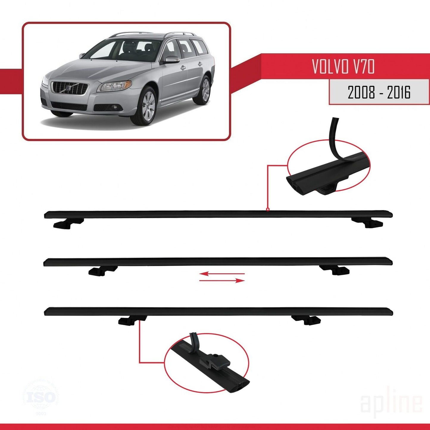 Compatible with Volvo V70 III 2008-2016 BASIC Model Car Roof Rack Cross Bar Black Aluminium 3 Bars