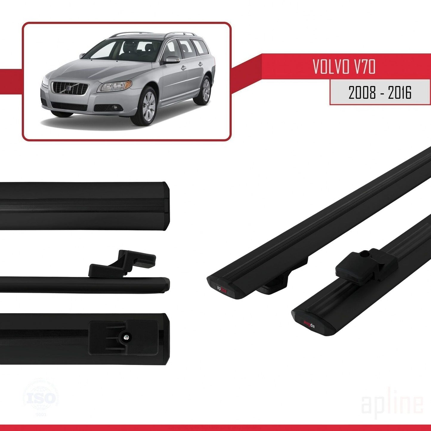 Compatible with Volvo V70 III 2008-2016 BASIC Model Car Roof Rack Cross Bar Black Aluminium 3 Bars