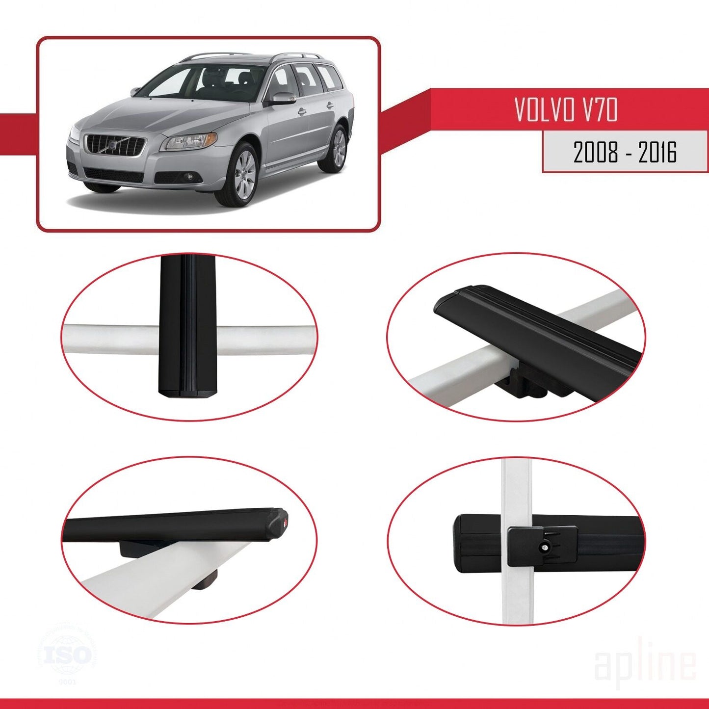 Compatible with Volvo V70 III 2008-2016 BASIC Model Car Roof Rack Cross Bar Black Aluminium 3 Bars