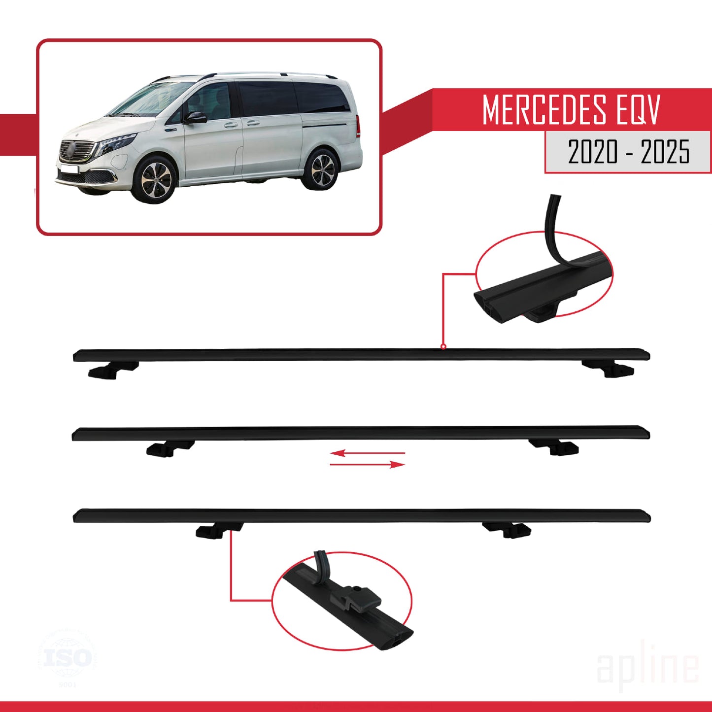 Compatible avec Mercedes EQV (W447) 2020-2025 BASIC Model Barres de Toit Railing Porte-Bagages de Voiture Noir Aluminium 2 Barres