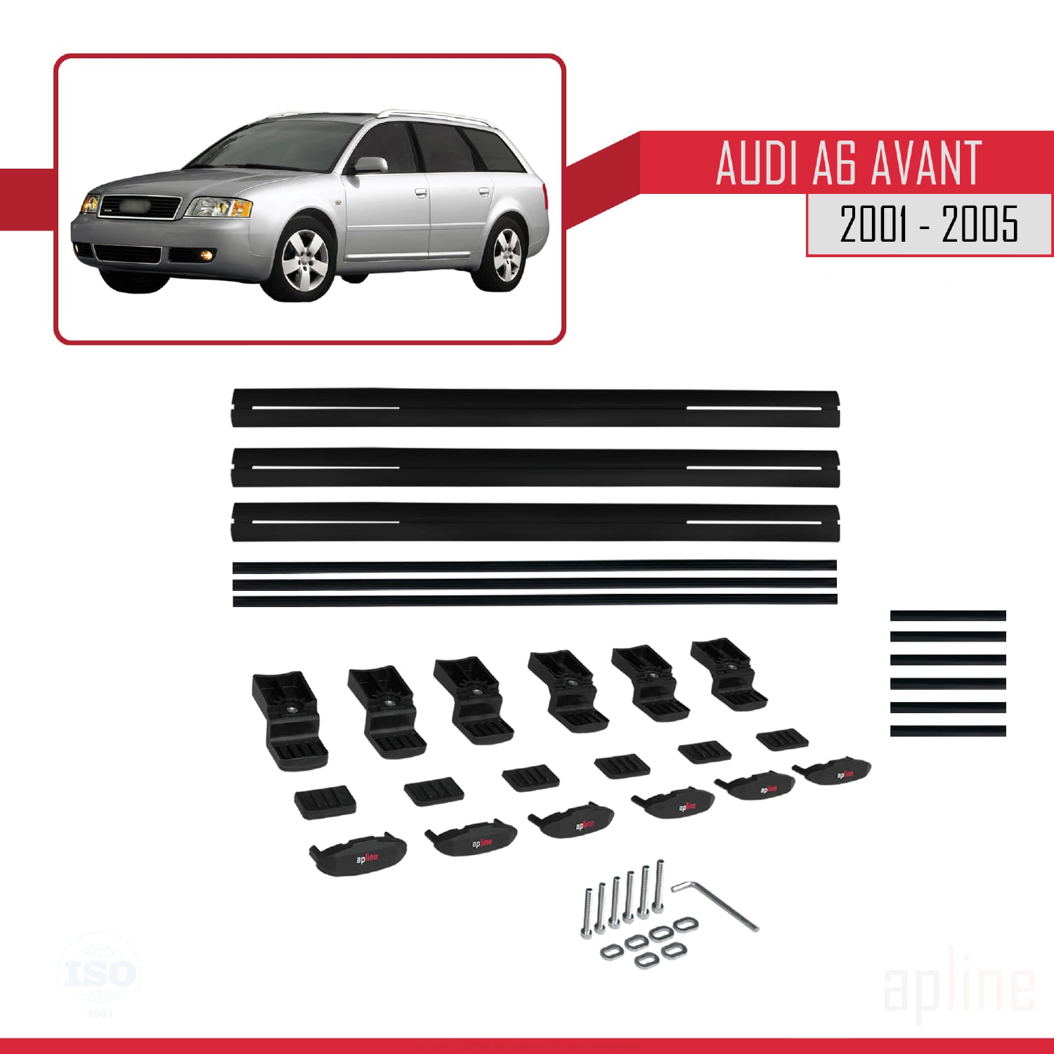 Compatible avec Audi A6 Avant 2001-2005 BASIC Model Barres de Toit Railing Porte-Bagages de Voiture Noir Aluminium 3 Barres