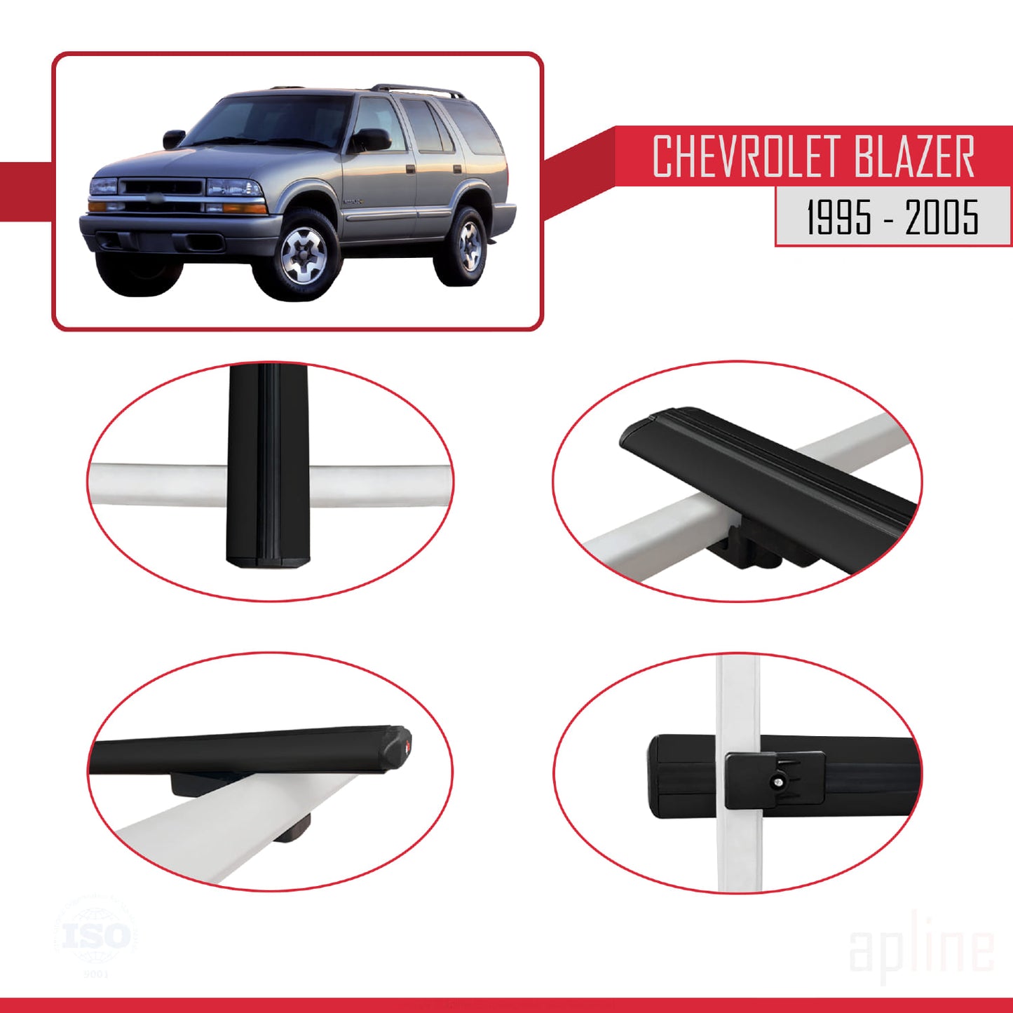Compatible avec Chevrolet Blazer 1995-2005 BASIC Model Barres de Toit Railing Porte-Bagages de Voiture Noir Aluminium 3 Barres