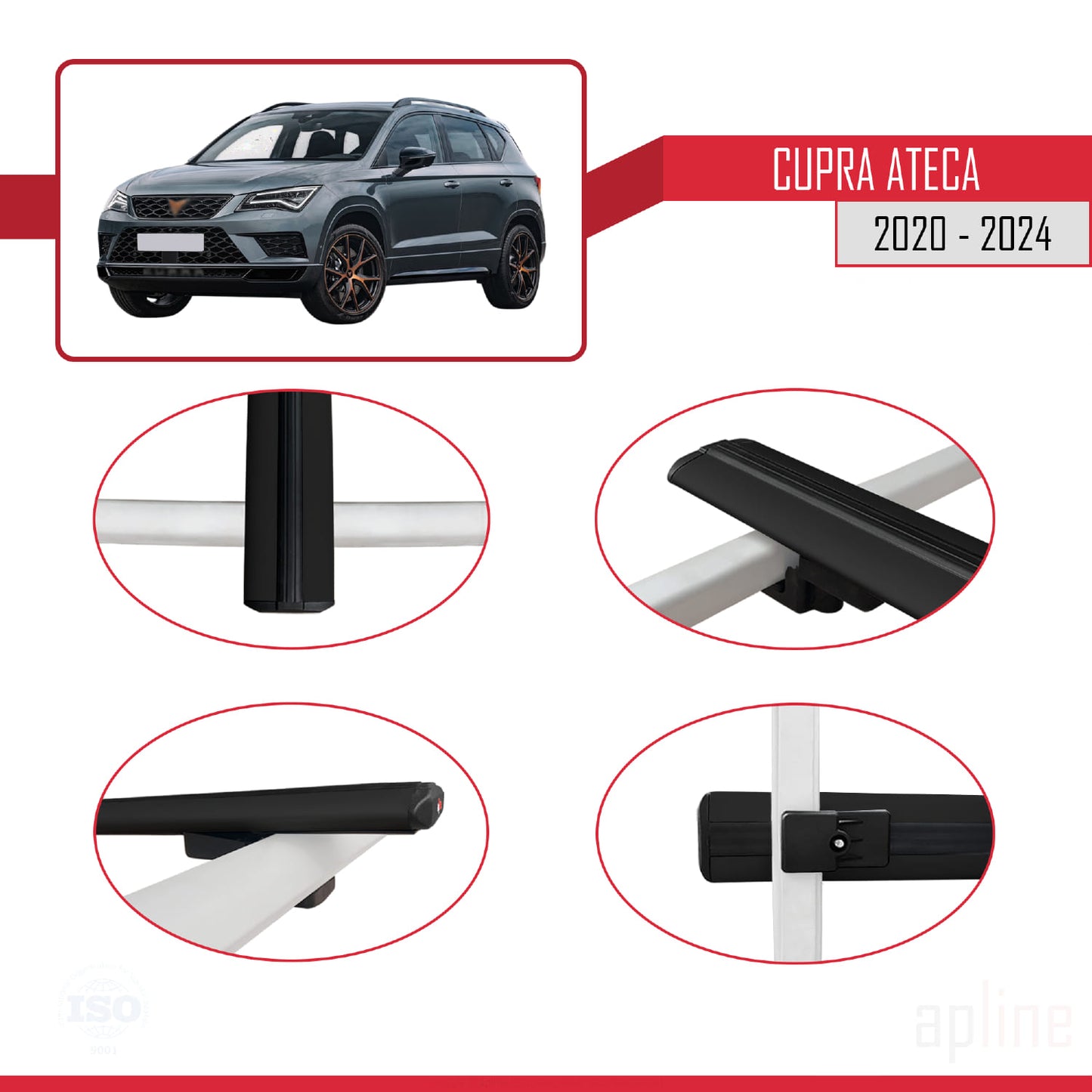 Compatible avec Cupra Ateca 2020-2024 BASIC Model Barres de Toit Railing Porte-Bagages de Voiture Noir Aluminium 3 Barres