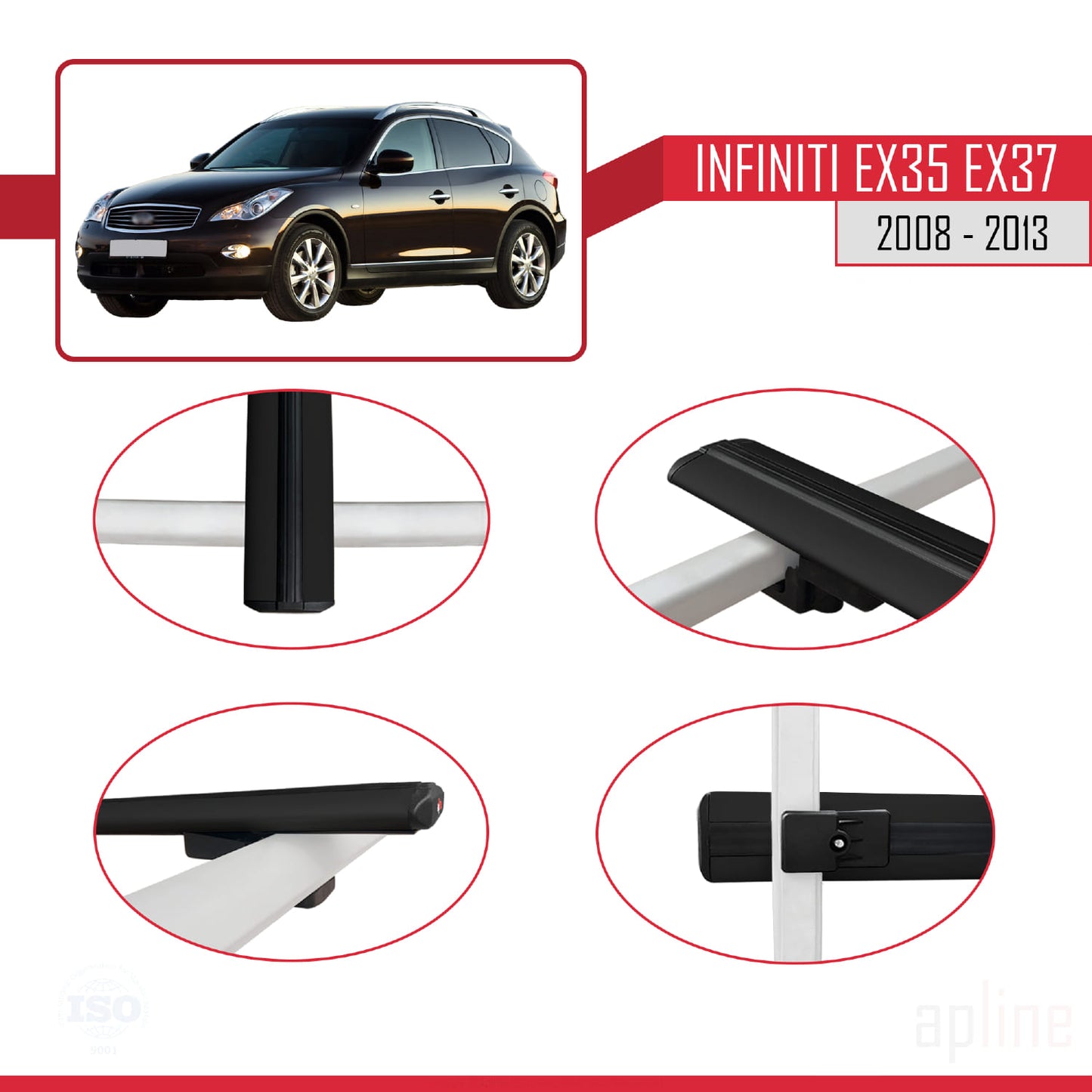 Compatible avec Infiniti EX35 EX37 2008-2013 BASIC Model Barres de Toit Railing Porte-Bagages de Voiture Noir Aluminium 2 Barres