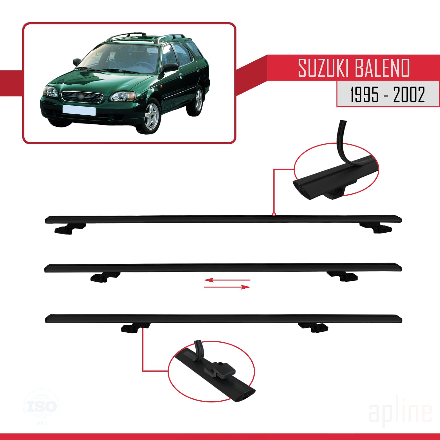 Compatible avec Suzuki Baleno 1995-2002 BASIC Model Barres de Toit Railing Porte-Bagages de Voiture Noir Aluminium 2 Barres
