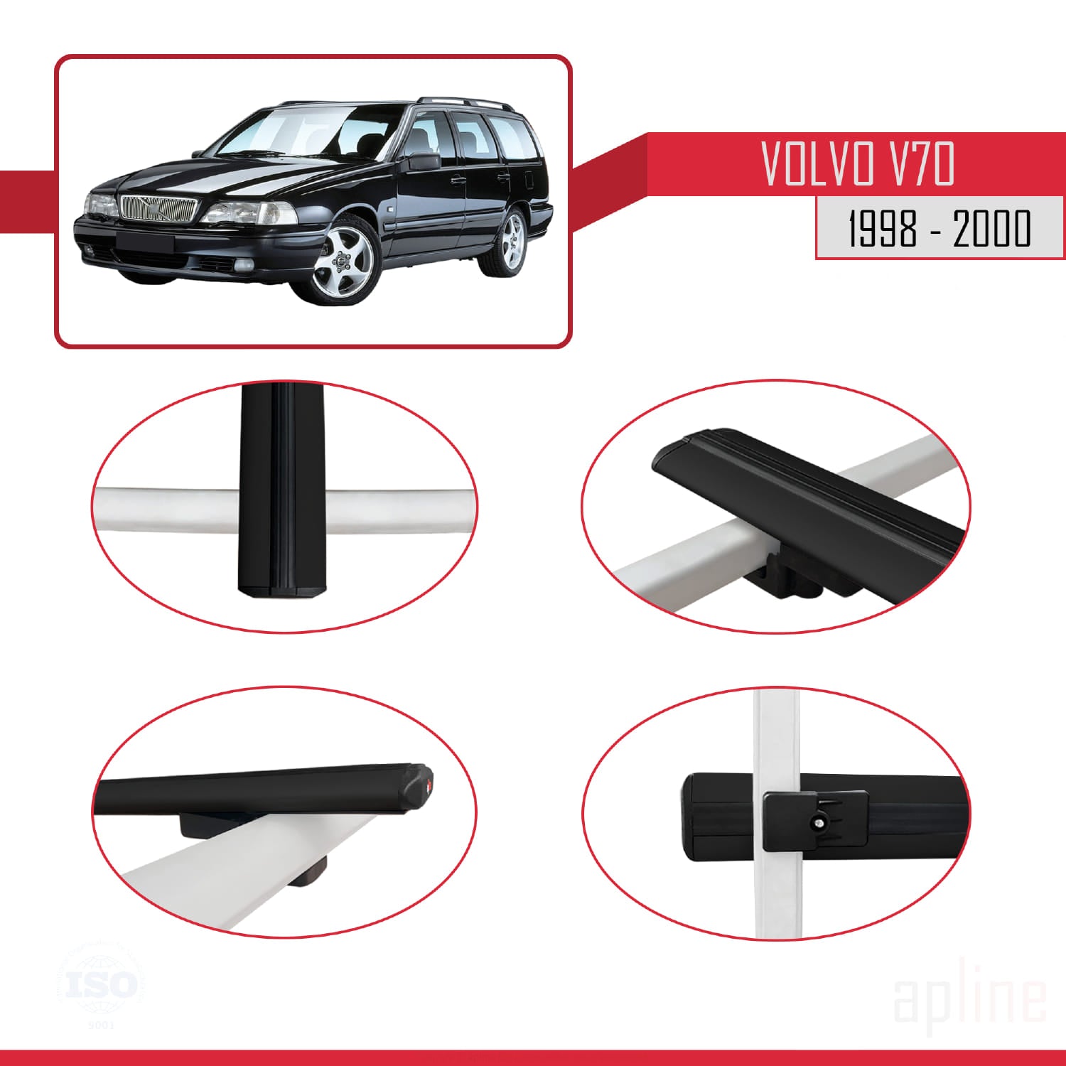 Compatible avec Volvo V70 1998-2000 BASIC Model Barres de Toit Railing Porte-Bagages de Voiture Noir Aluminium 3 Barres