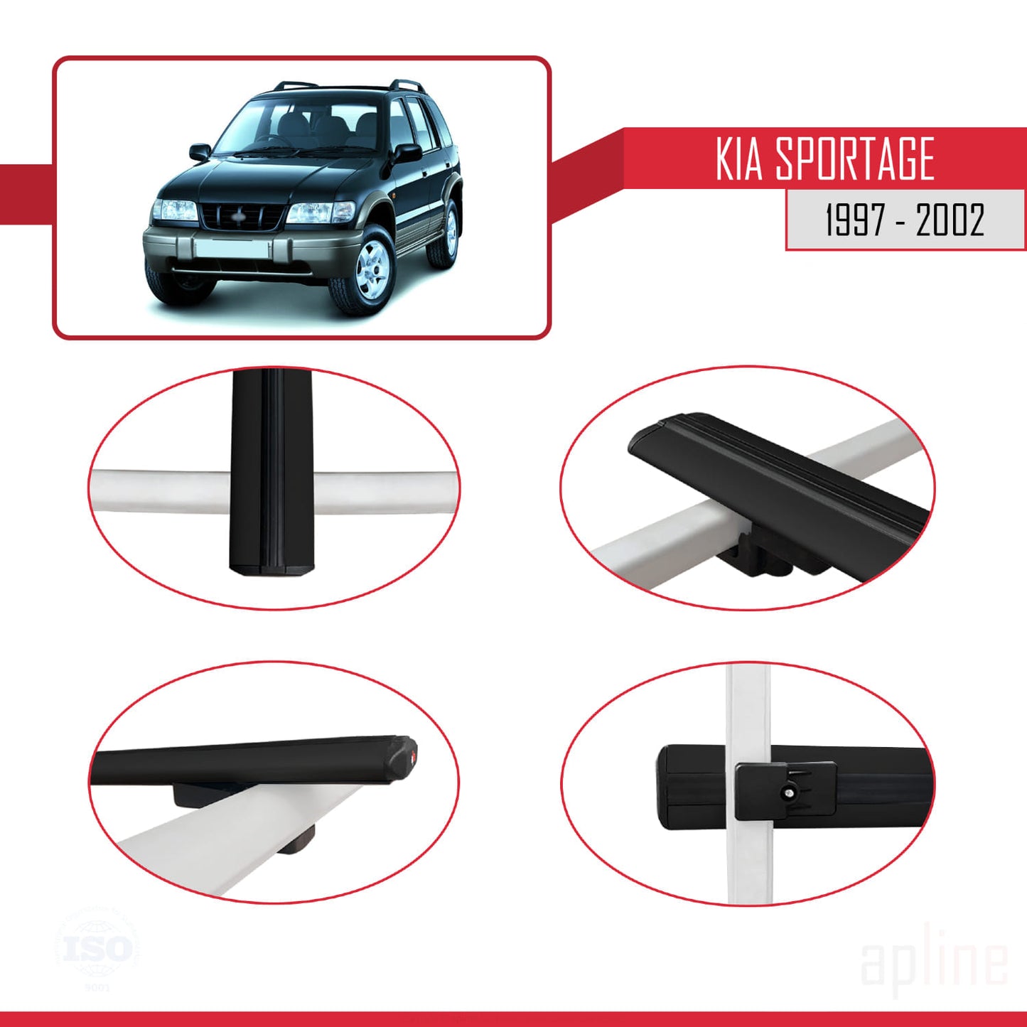 Compatible avec Kia Sportage 1997-2002 BASIC Model Barres de Toit Railing Porte-Bagages de Voiture Noir Aluminium 2 Barres