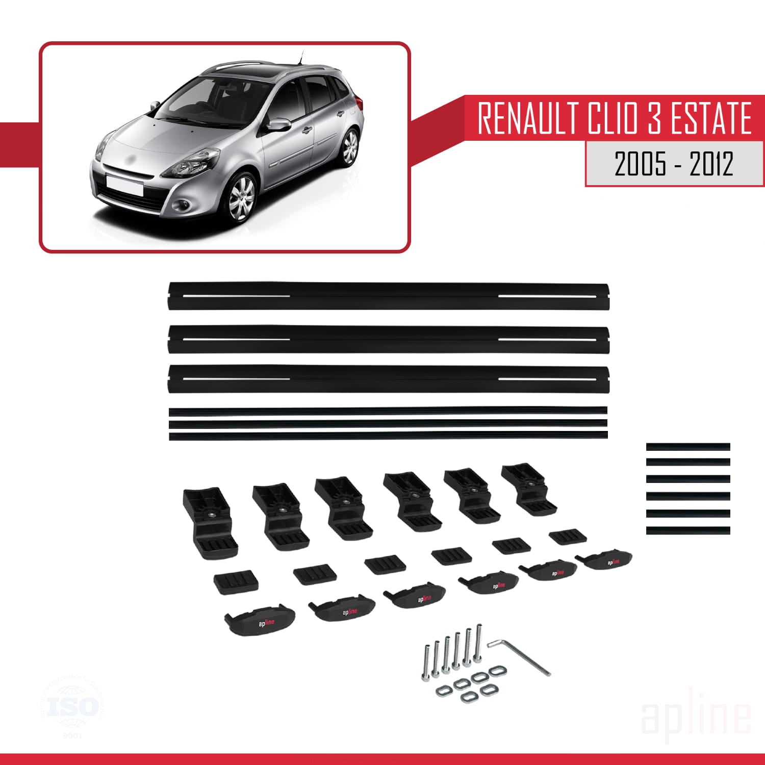 Compatible avec Renault Clio 3 Estate 2005-2012 BASIC Model Barres de Toit Railing Porte-Bagages de Voiture Noir Aluminium 3 Barres