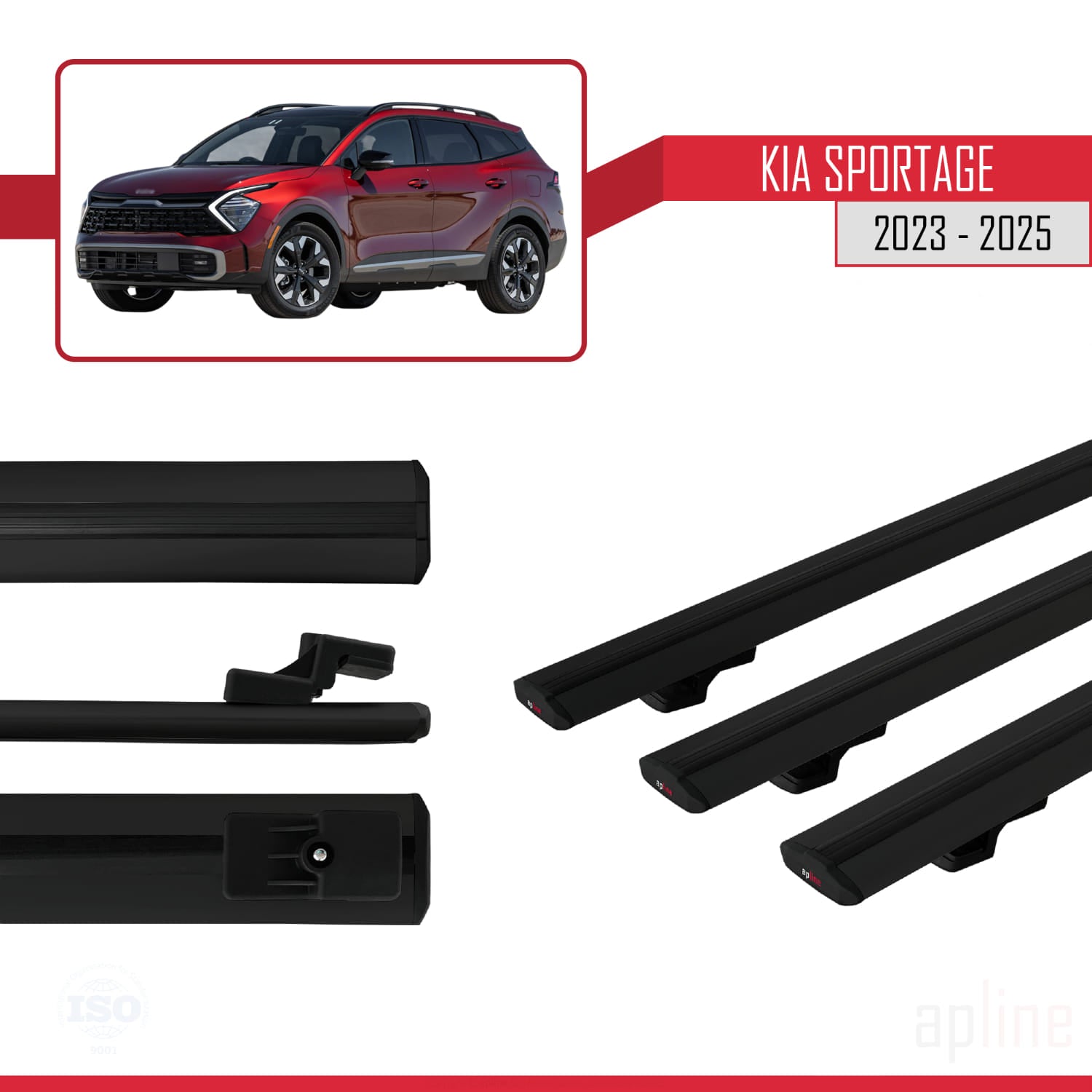 Compatible avec Kia Sportage 2023-2025 BASIC Model Barres de Toit Railing Porte-Bagages de Voiture Noir Aluminium 3 Barres