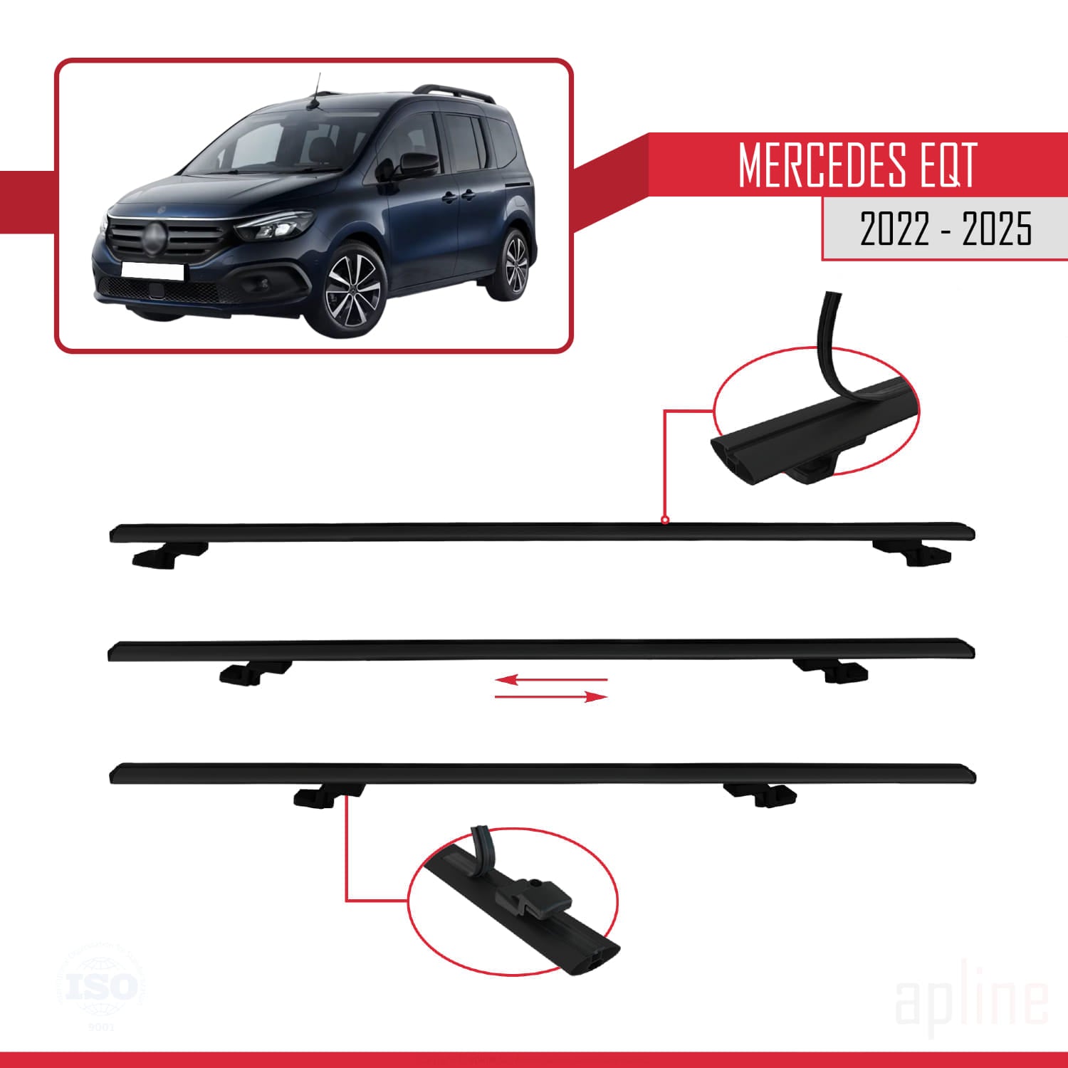 Compatible avec Mercedes EQT / Citan W420 2022-2025 BASIC Model Barres de Toit Railing Porte-Bagages de Voiture Noir Aluminium 3 Barres