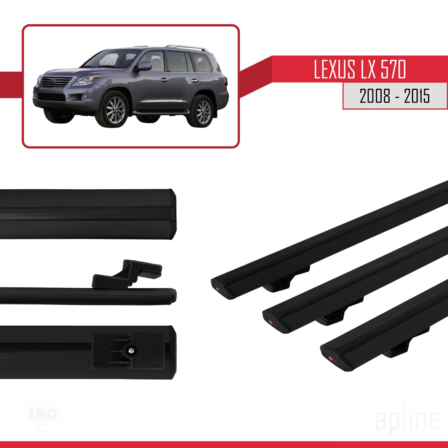 Compatible avec Lexus LX 570 2008-2015 BASIC Model Barres de Toit Railing Porte-Bagages de Voiture Noir Aluminium 3 Barres