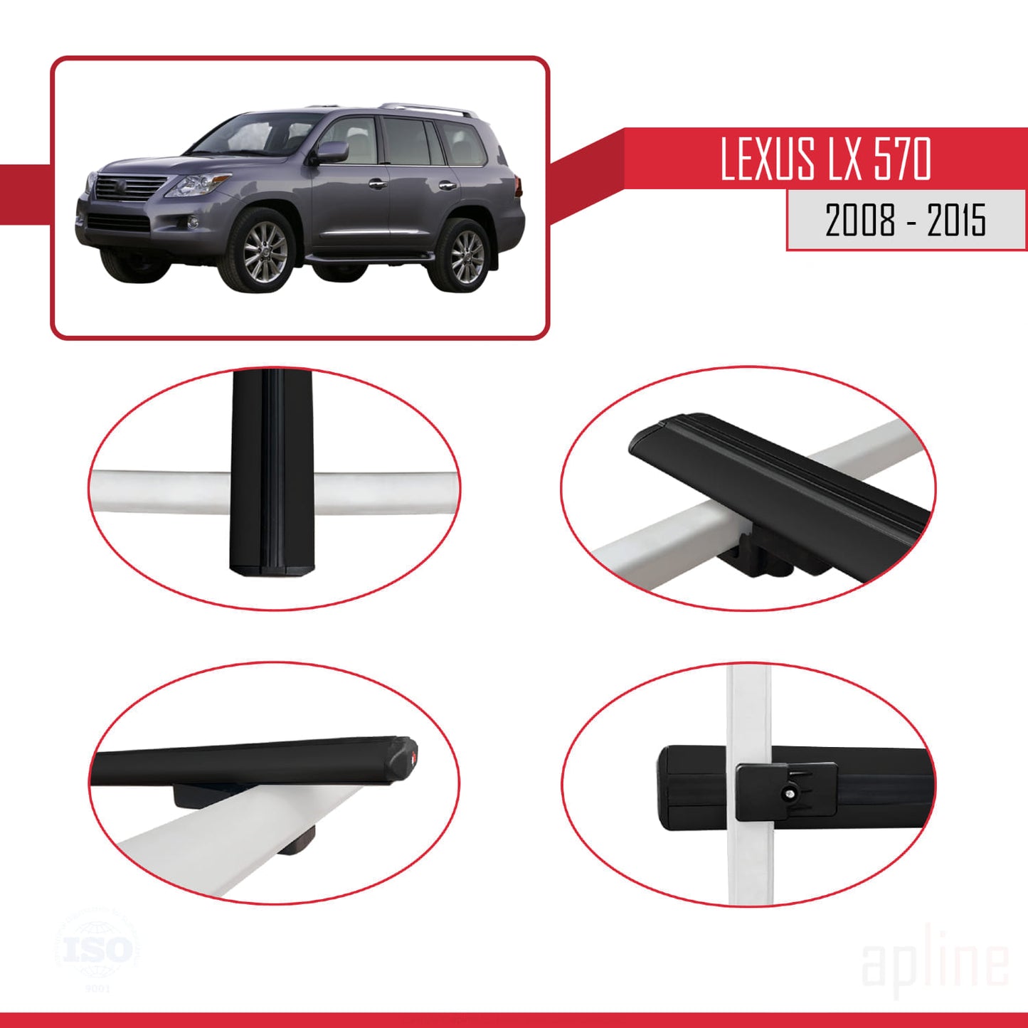 Compatible avec Lexus LX 570 2008-2015 BASIC Model Barres de Toit Railing Porte-Bagages de Voiture Noir Aluminium 2 Barres