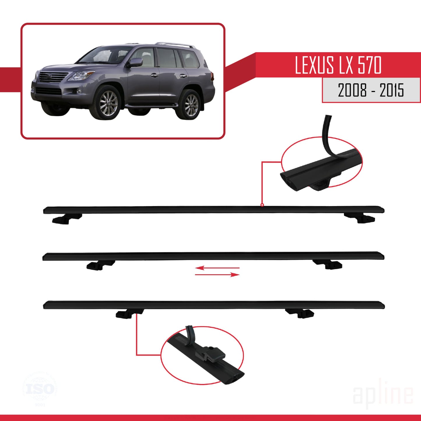 Compatible avec Lexus LX 570 2008-2015 BASIC Model Barres de Toit Railing Porte-Bagages de Voiture Noir Aluminium 2 Barres