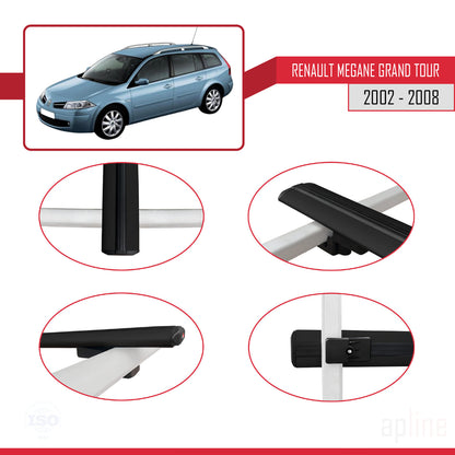Compatible avec Renault Megane Grand Tour 2002-2008 BASIC Model Barres de Toit Railing Porte-Bagages de Voiture Noir Aluminium 3 Barres