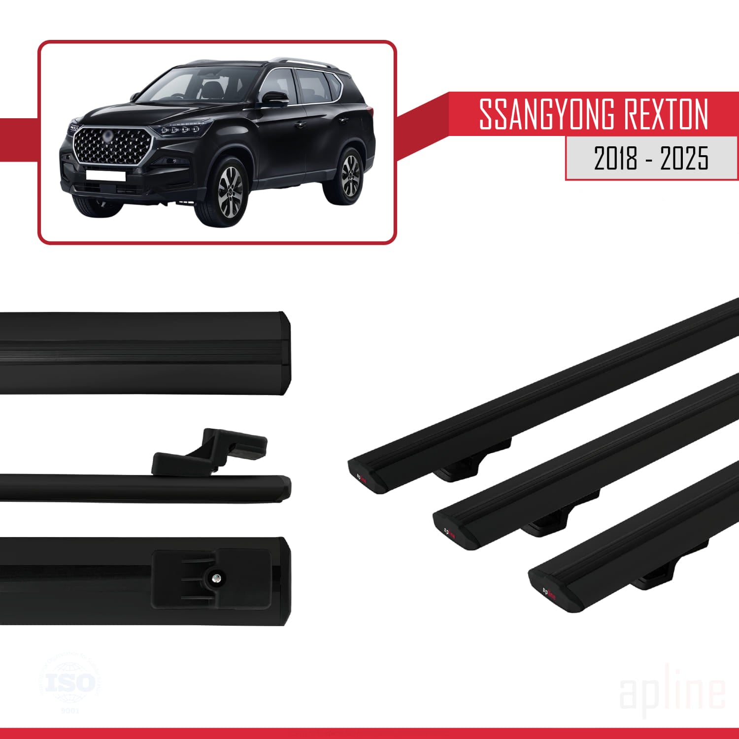 Compatible avec SsangYong Rexton 2018-2025 BASIC Model Barres de Toit Railing Porte-Bagages de Voiture Noir Aluminium 3 Barres