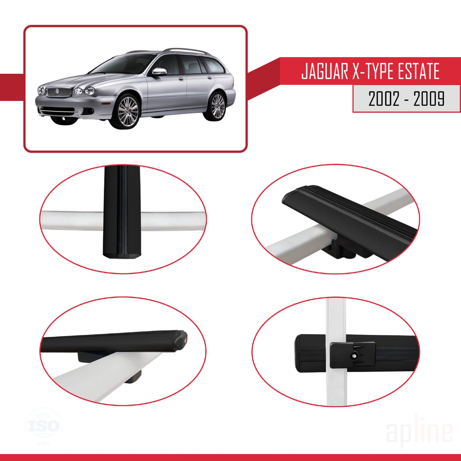 Compatible avec Jaguar X-Type Estate 2002-2009 BASIC Model Barres de Toit Railing Porte-Bagages de Voiture Noir Aluminium 3 Barres