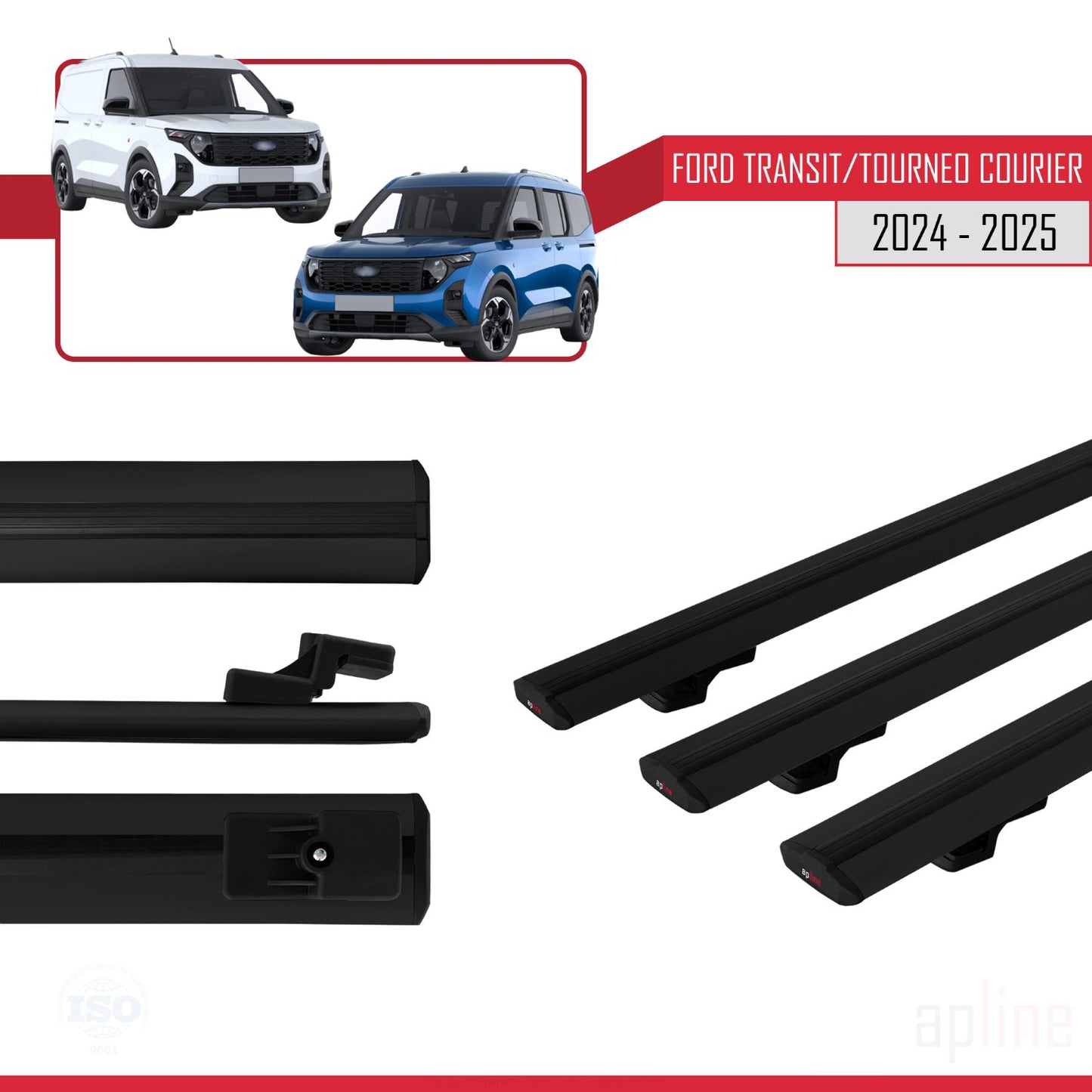 Compatible with Ford Transit/Tourneo Courier 2024-2025 BASIC Model Car Roof Rack Cross Bar Black Aluminium 3 Bars