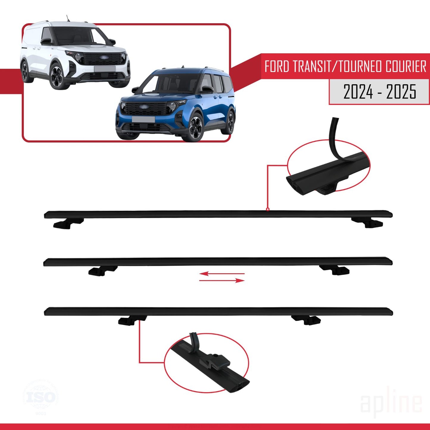 Compatible with Ford Transit/Tourneo Courier 2024-2025 BASIC Model Car Roof Rack Cross Bar Black Aluminium 3 Bars