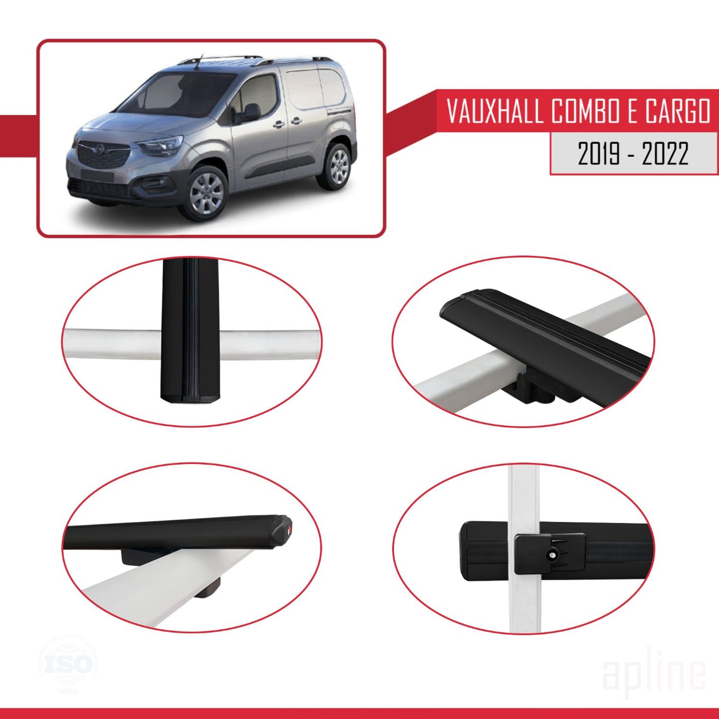 Compatible avec Vauxhall Combo E Cargo 2019-2022 BASIC Model Barres de Toit Railing Porte-Bagages de Voiture Noir Aluminium 4 Barres