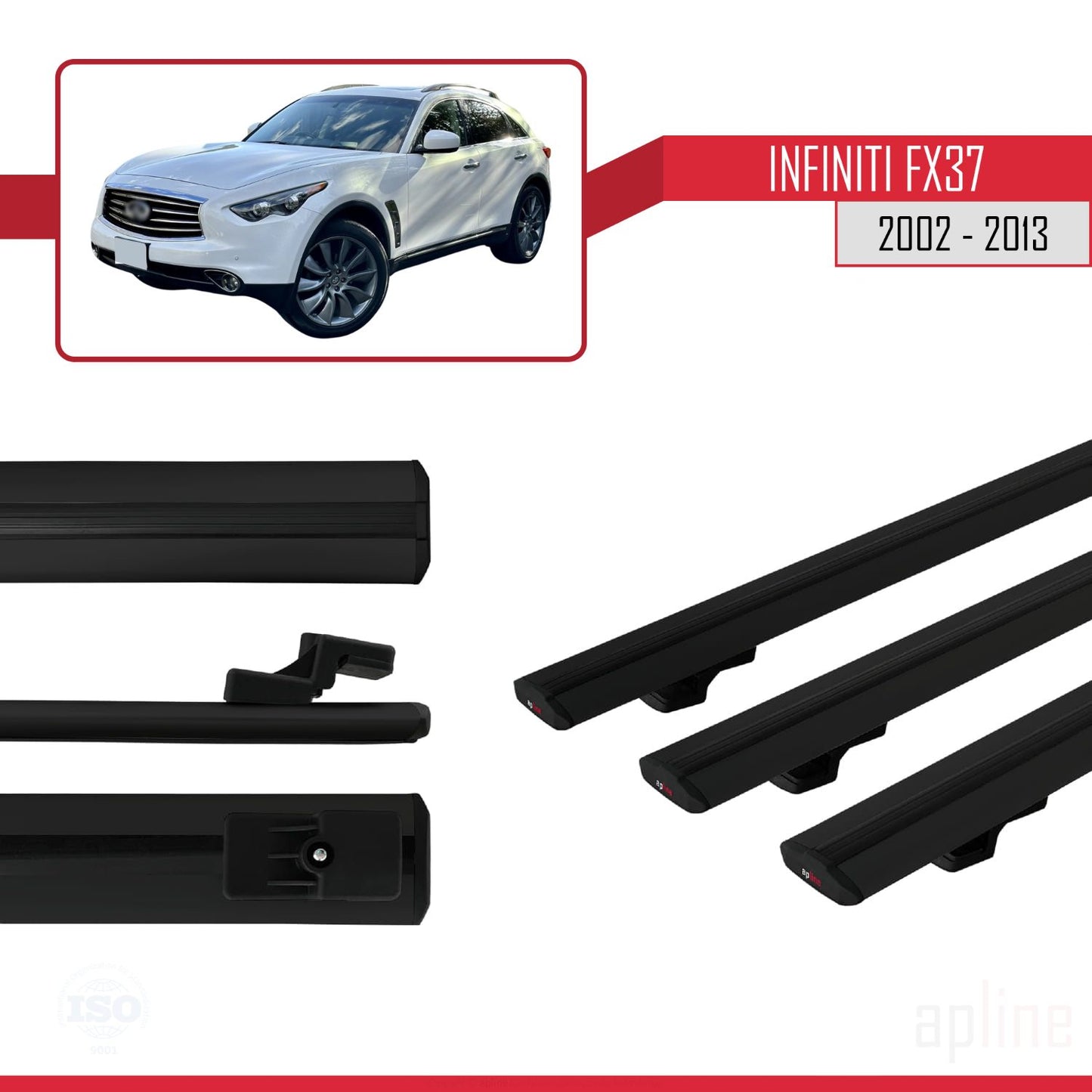 Compatible avec Infiniti FX37 2002-2013 BASIC Model Barres de Toit Railing Porte-Bagages de Voiture Noir Aluminium 3 Barres