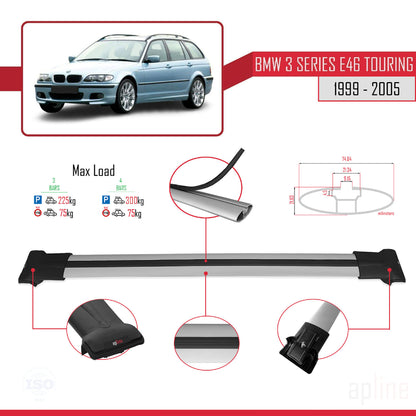 Compatible avec BMW Série 3 (E46) Touring 1999-2005 FLY Model Barres de Toit Railing Porte-Bagages de Voiture Gris Aluminium 3 Barres