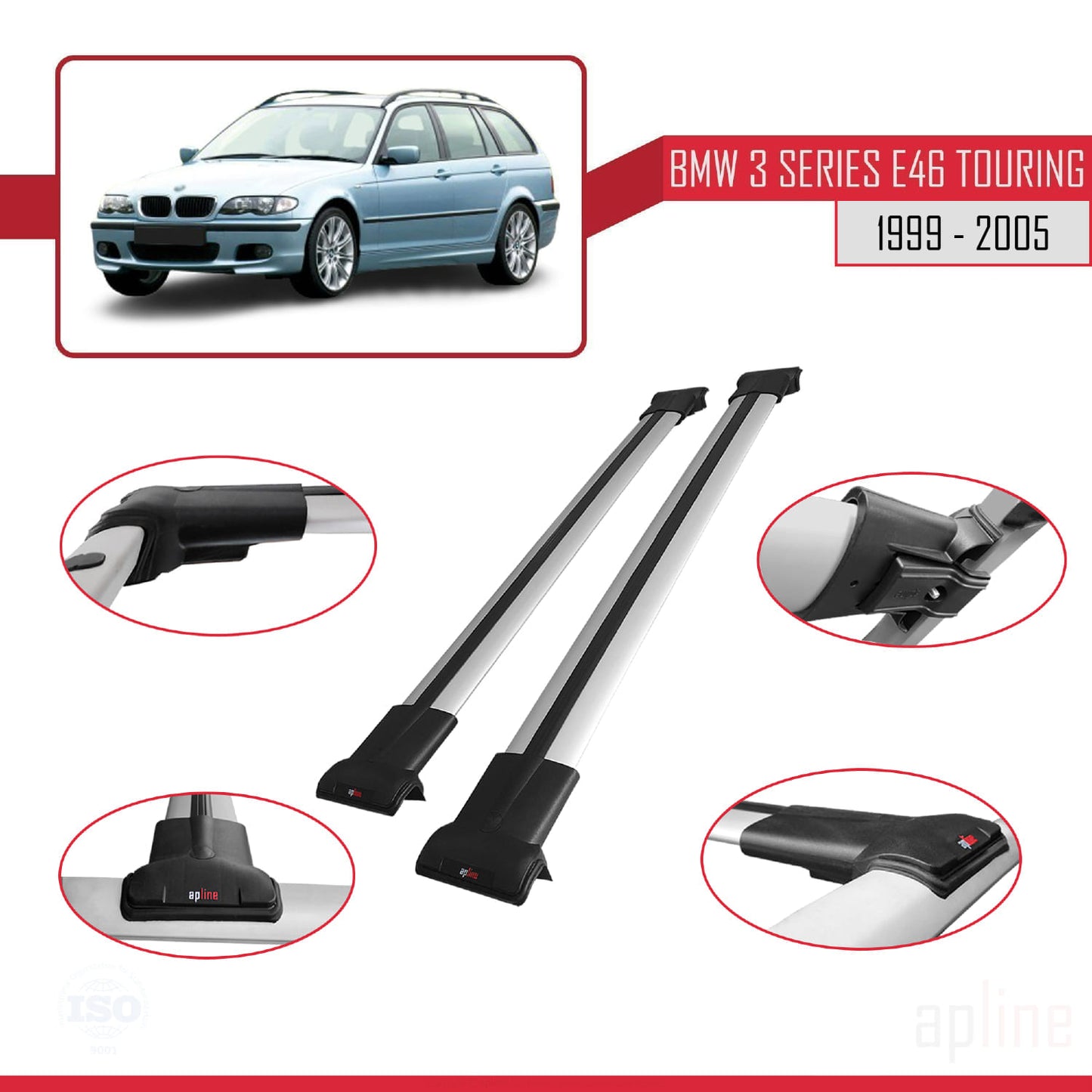 Compatible avec BMW Série 3 (E46) Touring 1999-2005 FLY Model Barres de Toit Railing Porte-Bagages de Voiture Gris Aluminium 2 Barres