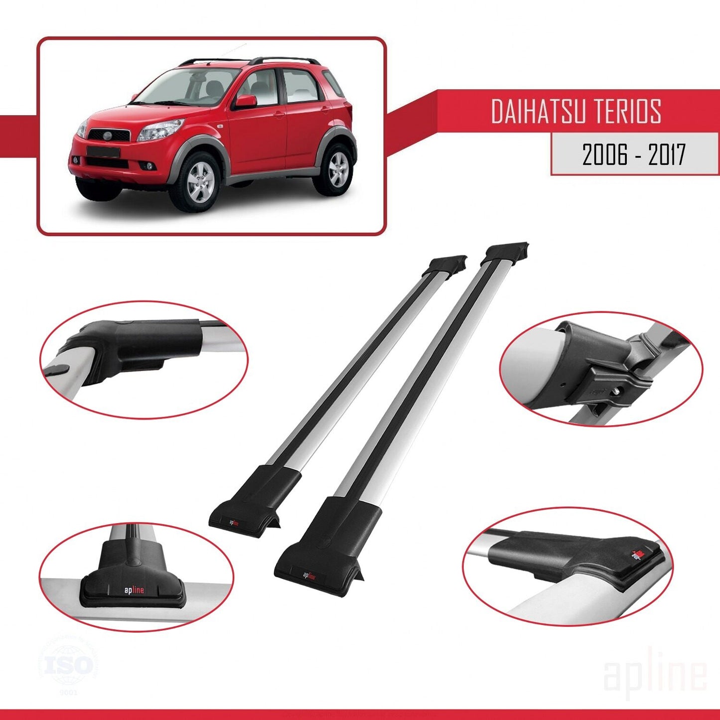 Kompatibel mit Daihatsu Terios 2 (J200) 2006-2017 FLY Modell Dachgepäckträger, graues Aluminium, 2 Stangen