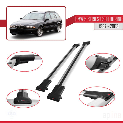 Compatible avec BMW Série 5 (E39) Touring 1997-2003 FLY Model Barres de Toit Railing Porte-Bagages de Voiture Gris Aluminium 2 Barres