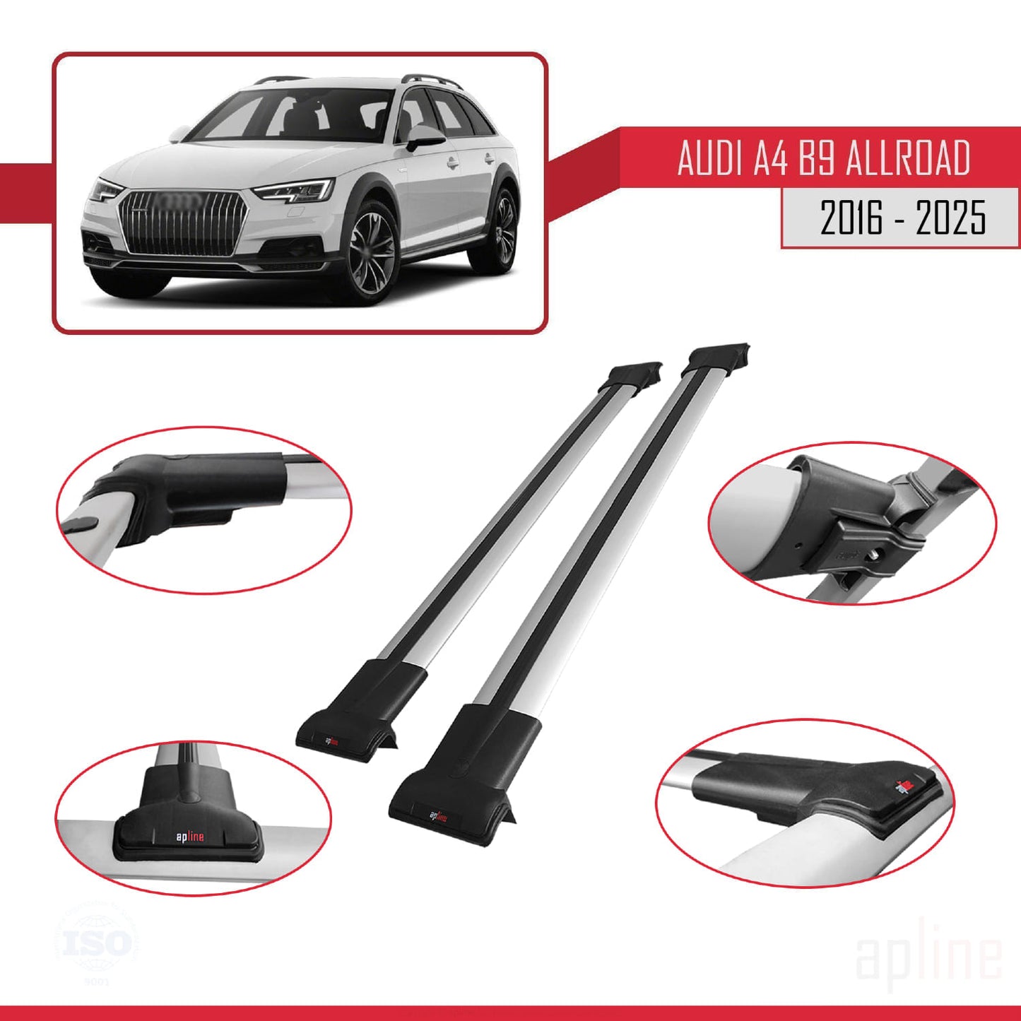Kompatibel mit A4 (B9) Allroad 2016-2025 FLY Modell Dachgepäckträger, graues Aluminium, 2 Stangen