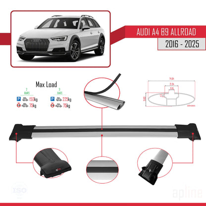 Kompatibel mit A4 (B9) Allroad 2016-2025 FLY Modell Dachgepäckträger, graues Aluminium, 2 Stangen
