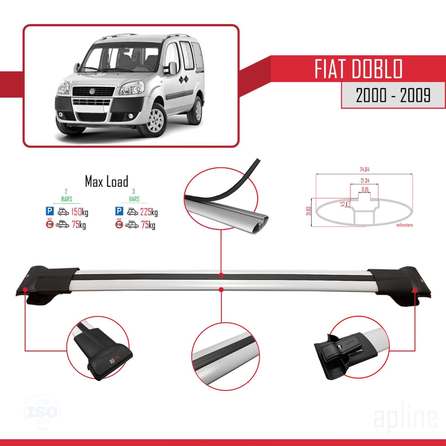 Compatible avec Fiat Doblo 2000-2009 V2 FLY Model Barres de Toit Railing Porte-Bagages de Voiture Gris Aluminium 3 Barres