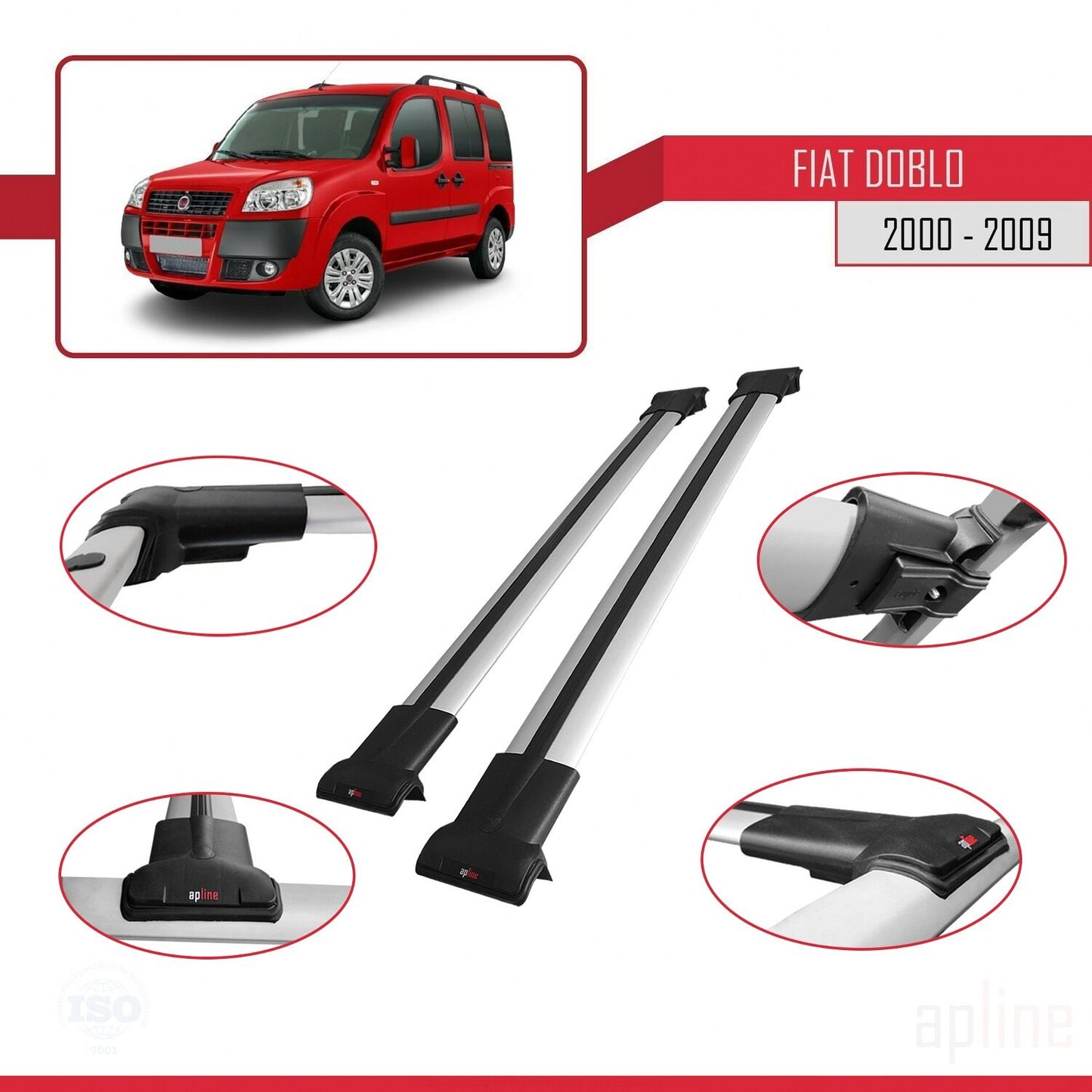 Kompatibel mit Fiat Doblo 2000-2009 FLY Modell Dachgepäckträger, graues Aluminium, 2 Stangen