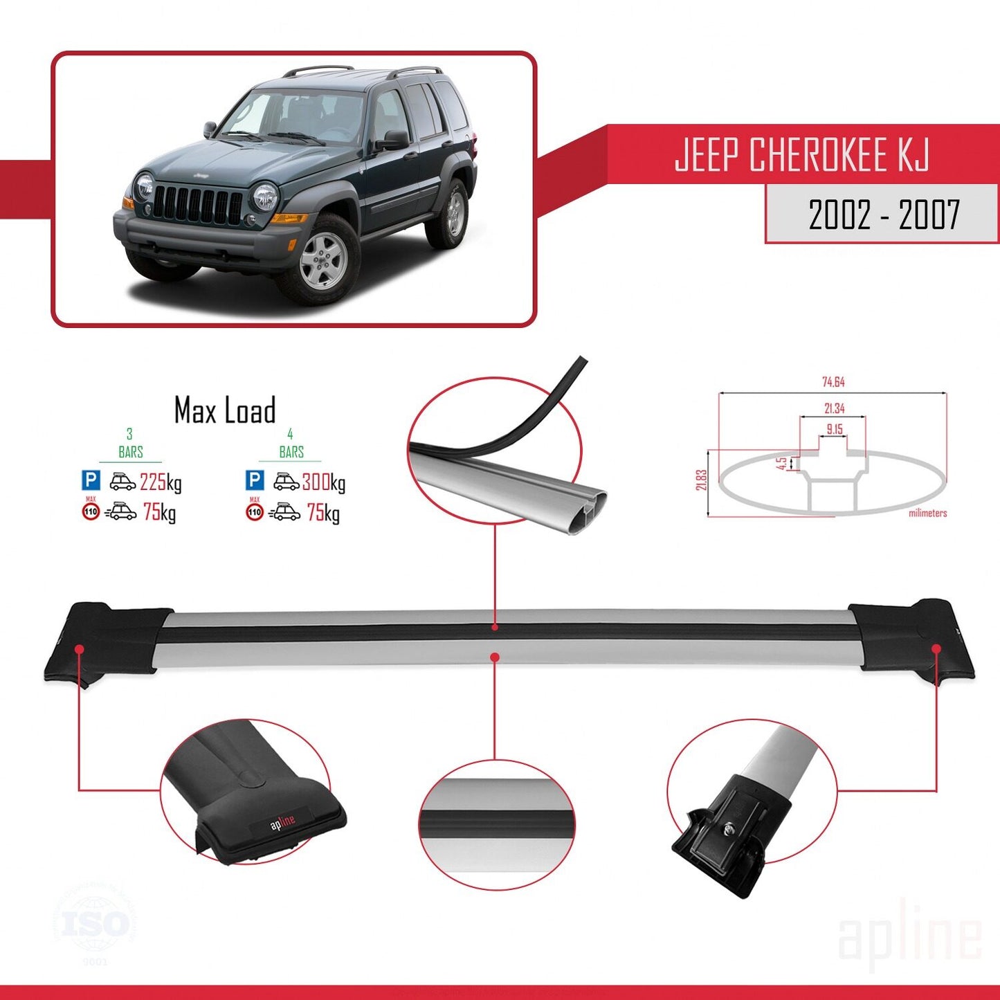 Compatible avec Jeep Cherokee 3 (KJ) 2002-2007 FLY Model Barres de Toit Railing Porte-Bagages de Voiture Gris Aluminium 3 Barres