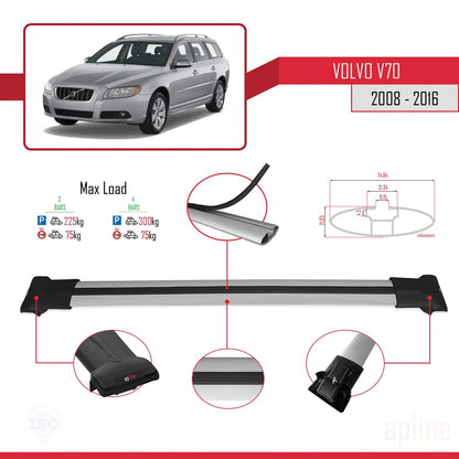 Compatible avec Volvo V70 III 2008-2016 FLY Model Barres de Toit Railing Porte-Bagages de Voiture Gris Aluminium 3 Barres