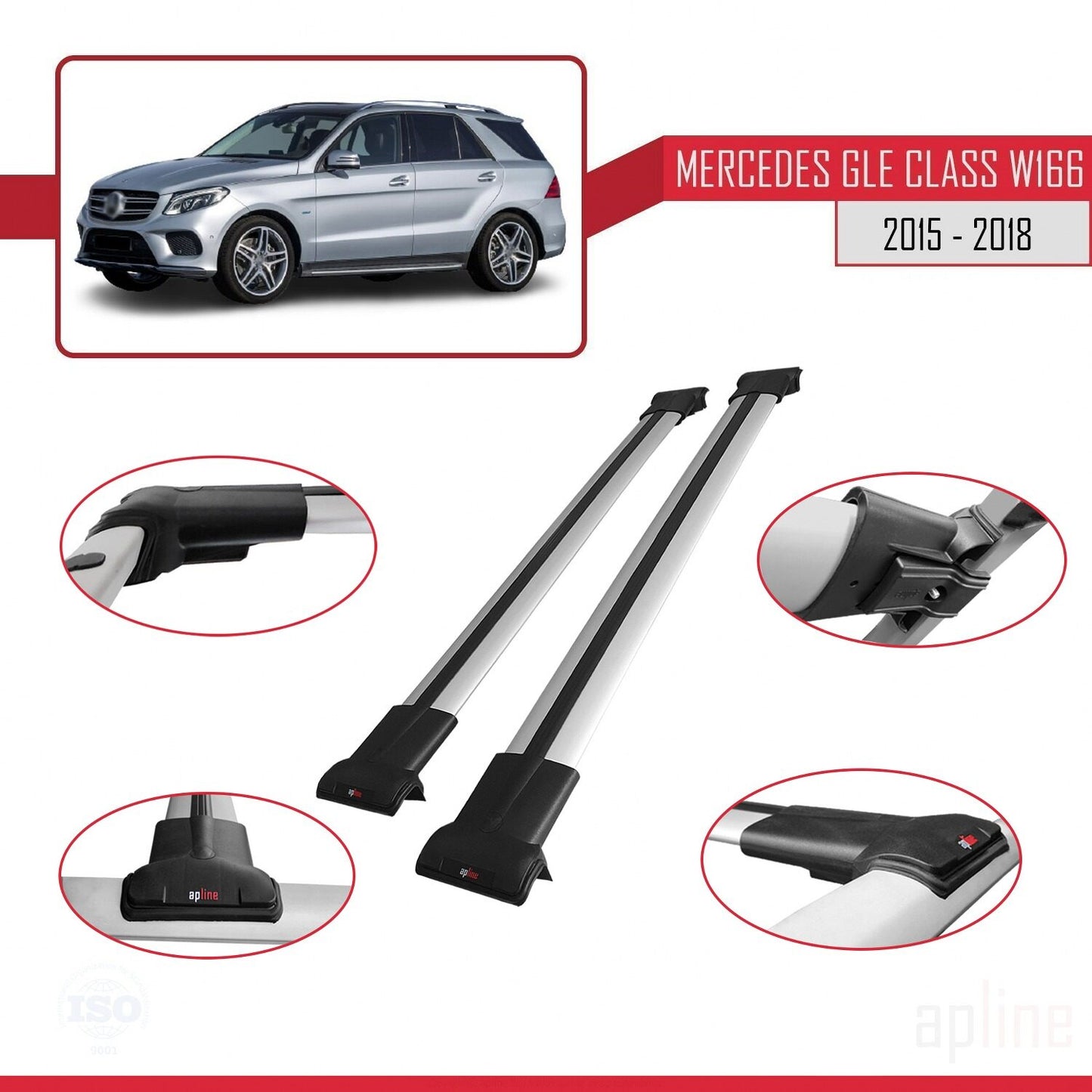 Compatible avec Mercedes Classe GLE 3 (W166) 2015-2018 FLY Model Barres de Toit Railing Porte-Bagages de Voiture Gris Aluminium 2 Barres