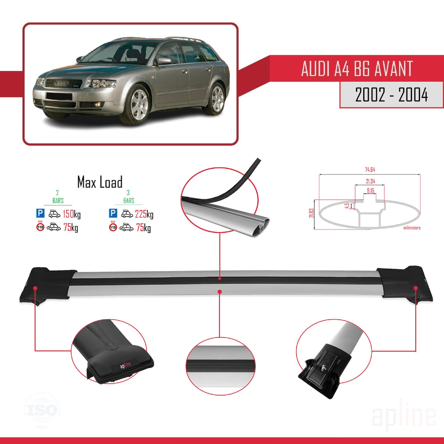 Compatible avec A4 (B6) Avant 2002-2004 FLY Model Barres de Toit Railing Porte-Bagages de Voiture Gris Aluminium 2 Barres