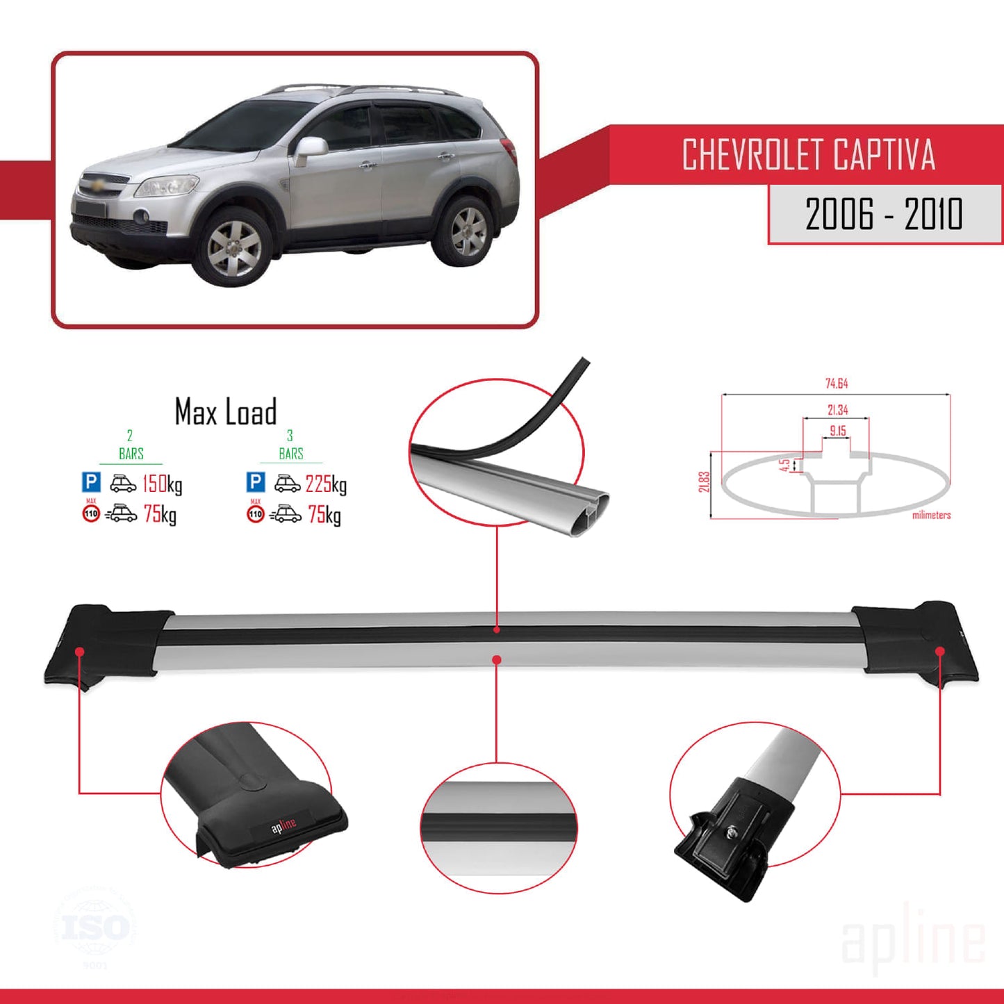 Compatible avec Chevrolet Captiva 2006-2010 FLY Model Barres de Toit Railing Porte-Bagages de Voiture Gris Aluminium 2 Barres
