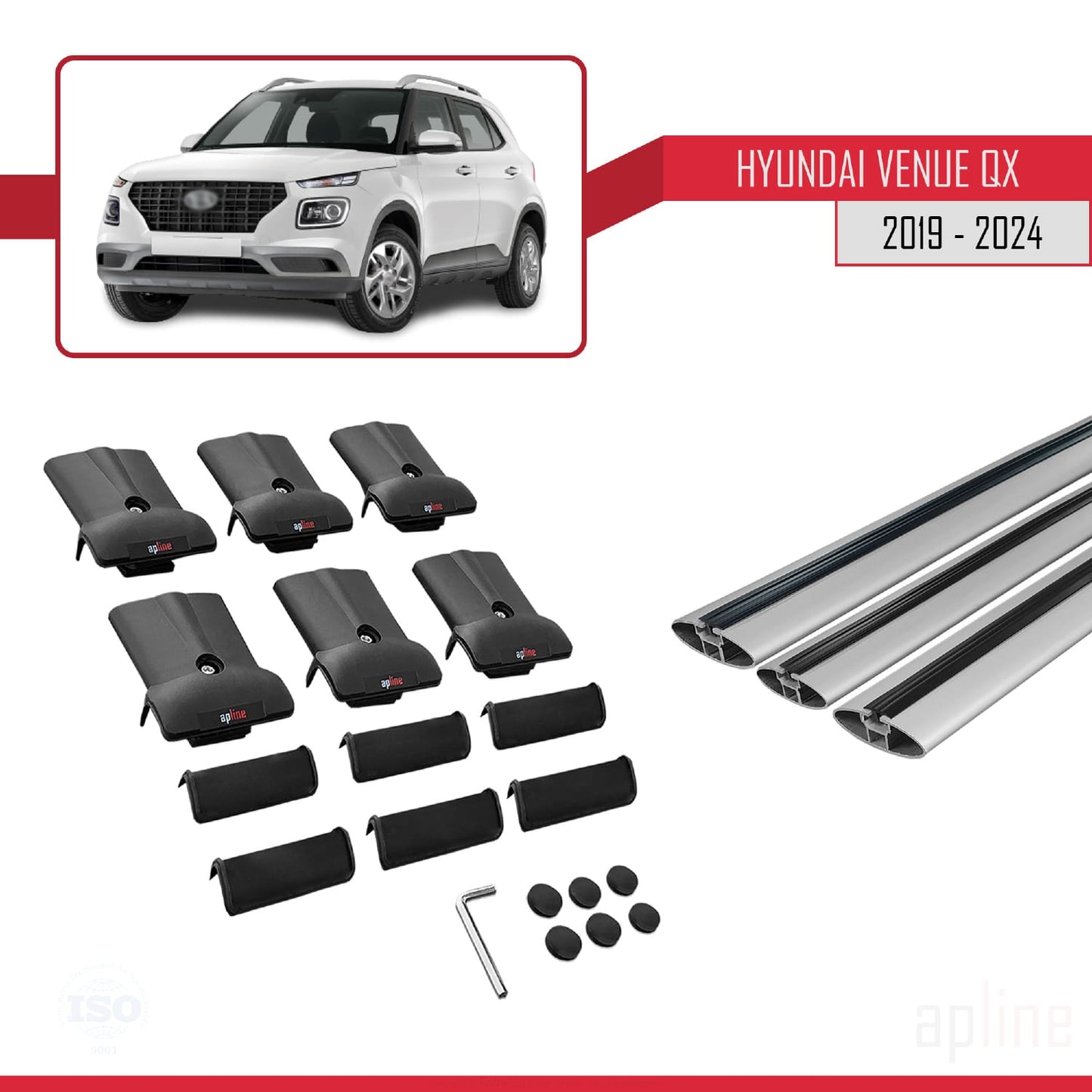 Compatible avec Hyundai Venue (QX) 2019-2024 FLY Model Barres de Toit Railing Porte-Bagages de Voiture Gris Aluminium 3 Barres