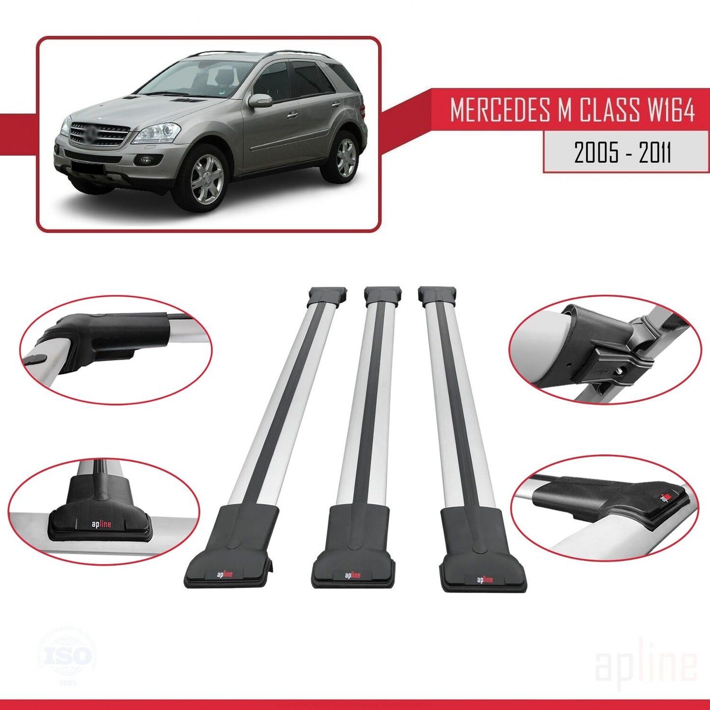 Compatible avec Mercedes Classe M 2 (W164) 2005-2011 FLY Model Barres de Toit Railing Porte-Bagages de Voiture Gris Aluminium 3 Barres