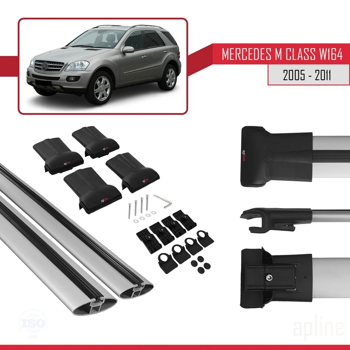 Compatible avec Mercedes Classe M 2 (W164) 2005-2011 FLY Model Barres de Toit Railing Porte-Bagages de Voiture Gris Aluminium 2 Barres