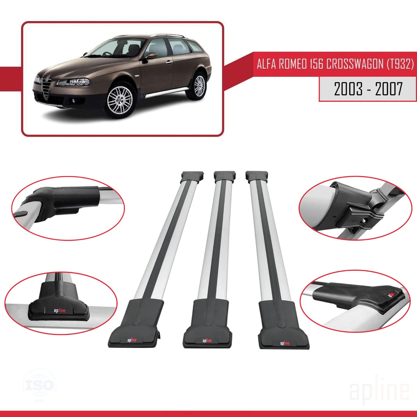 Kompatibel mit Alfa Romeo 156 (T932) Crosswagon 2003-2007 FLY Modell Dachgepäckträger, graues Aluminium, 3-Stangen
