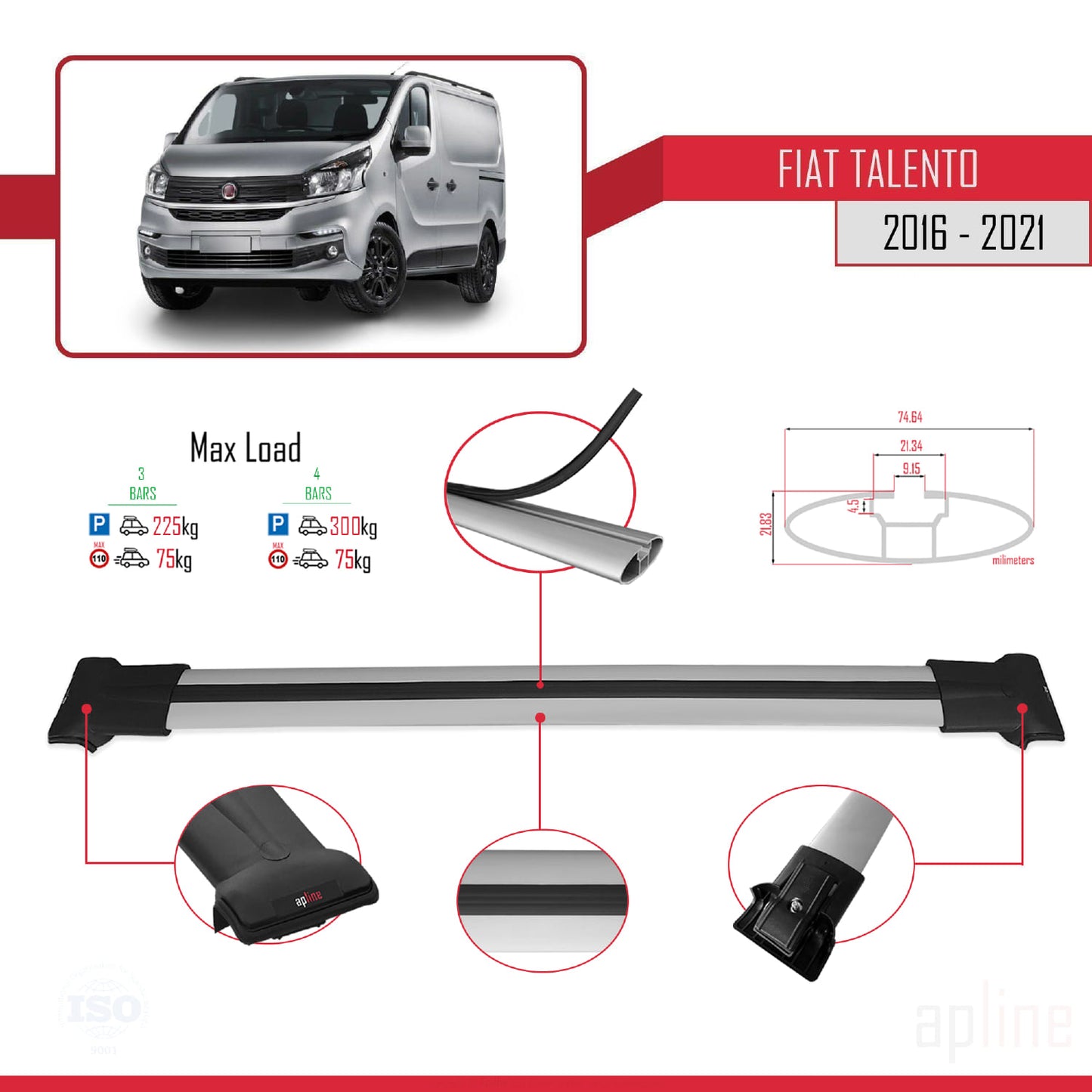 Kompatibel mit Fiat Talento 2016-2021 FLY Model Relingträger Dachträger Auto Gepäckträger Grau Aluminium 4 Stangen